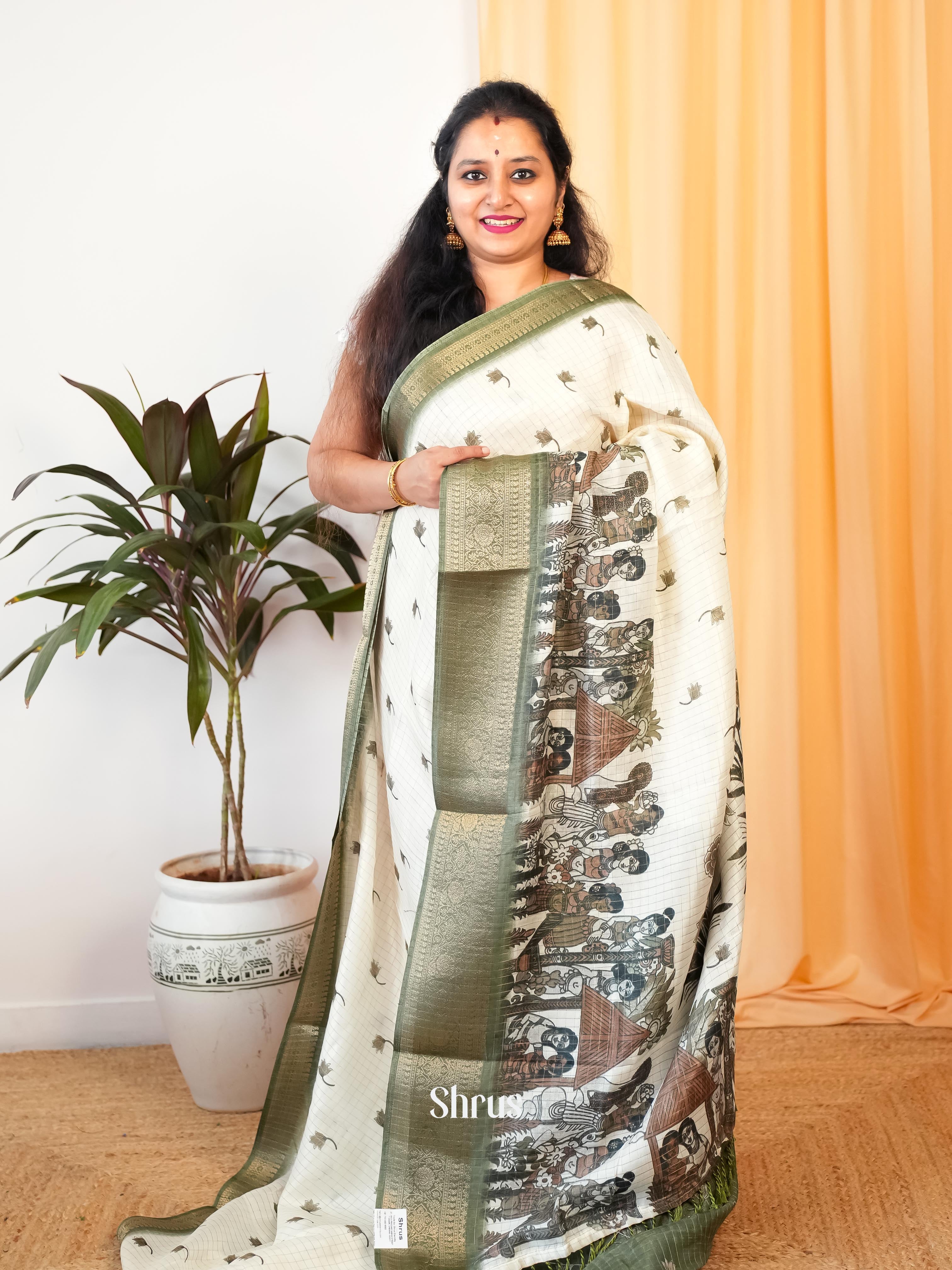 Cream & Green - Semi Jute Saree