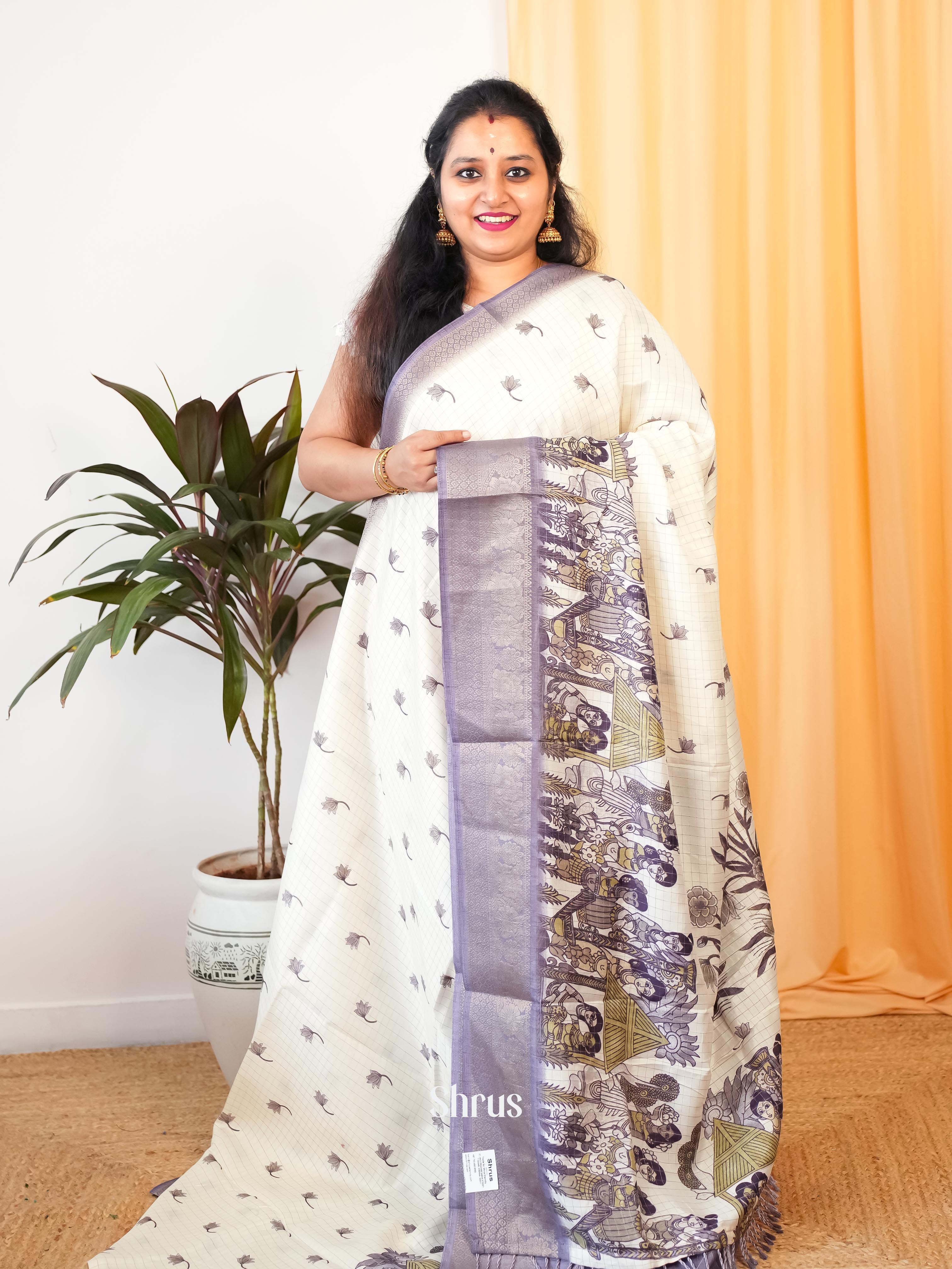 Cream & Purple - Semi Jute Saree