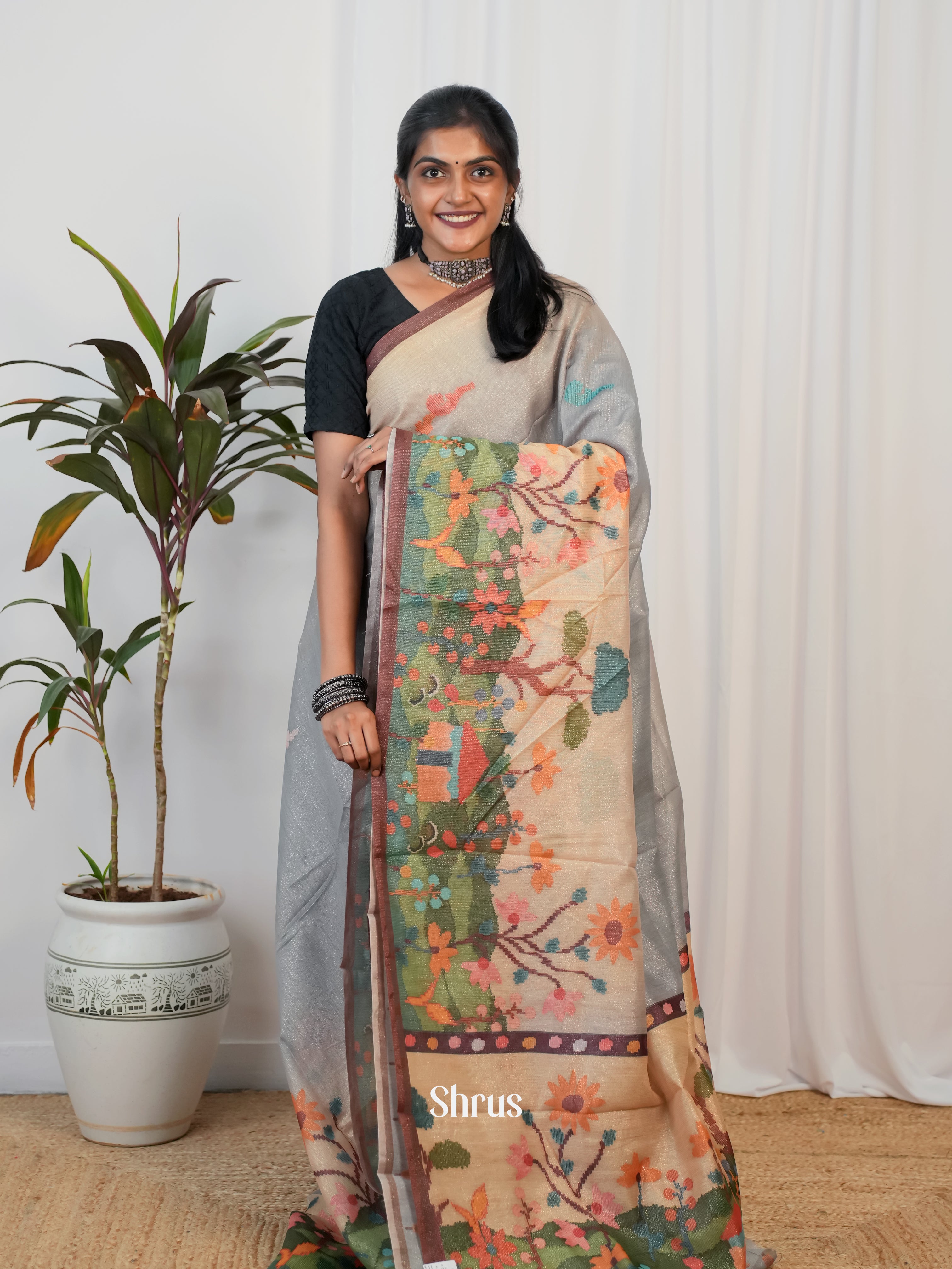 Grey & Brown - Semi Jute Saree