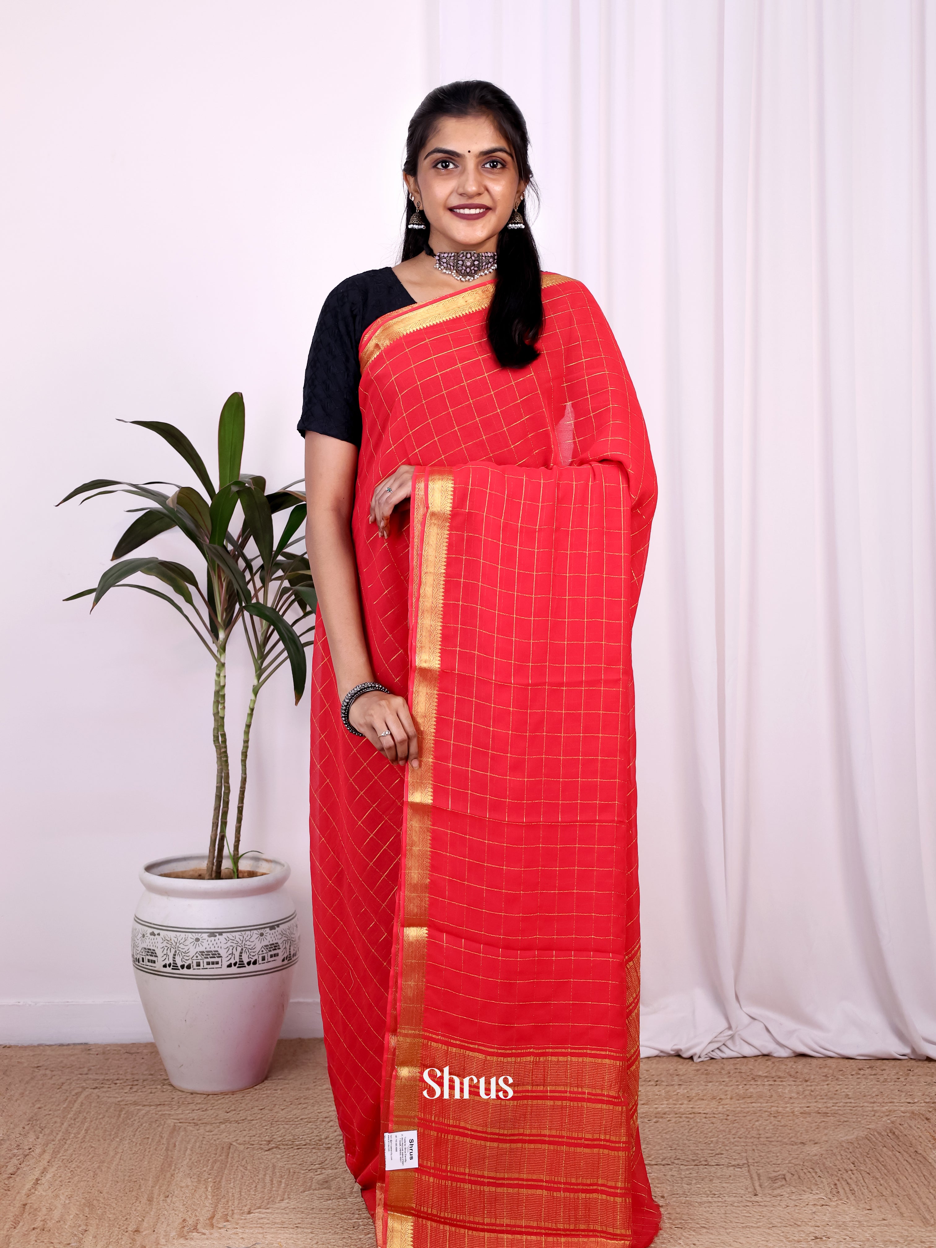 Red - Semi Mysoresilk Saree