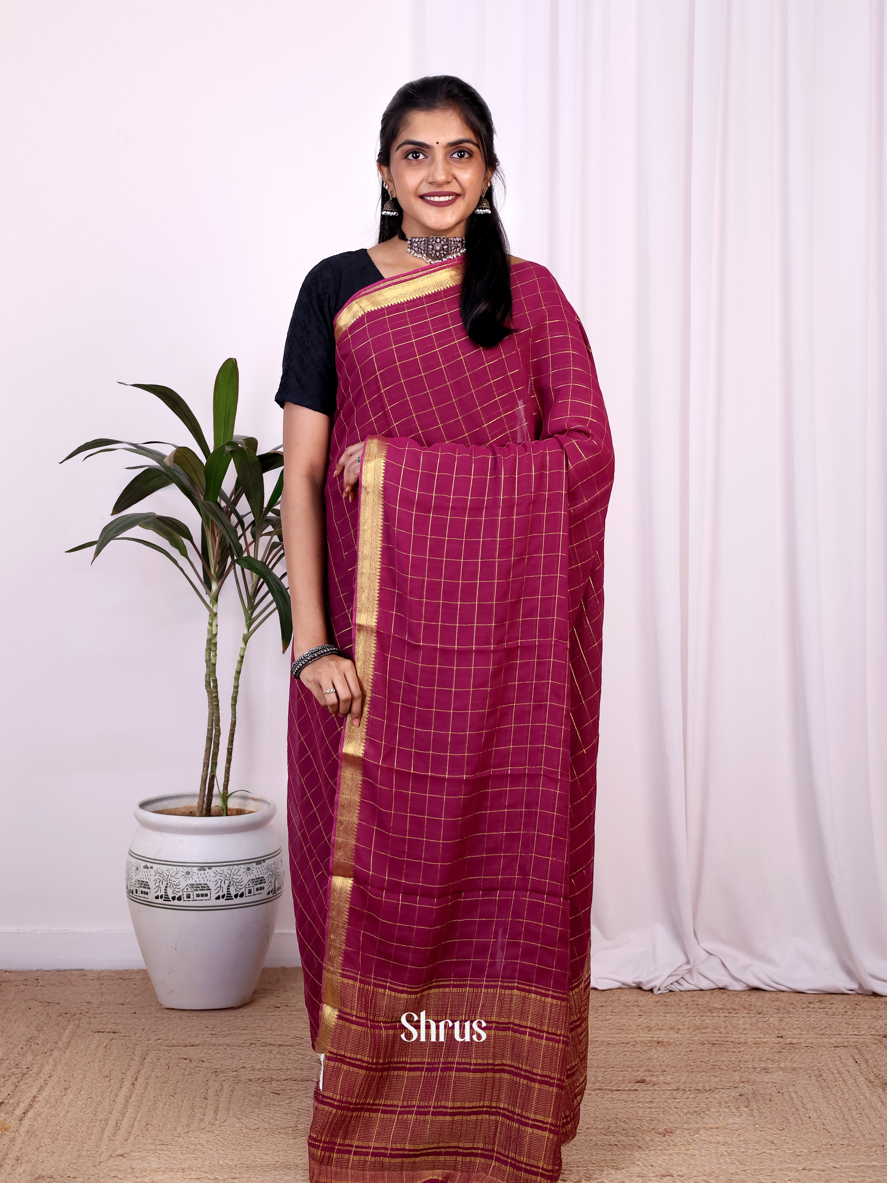 Maroon - Semi Mysoresilk Saree