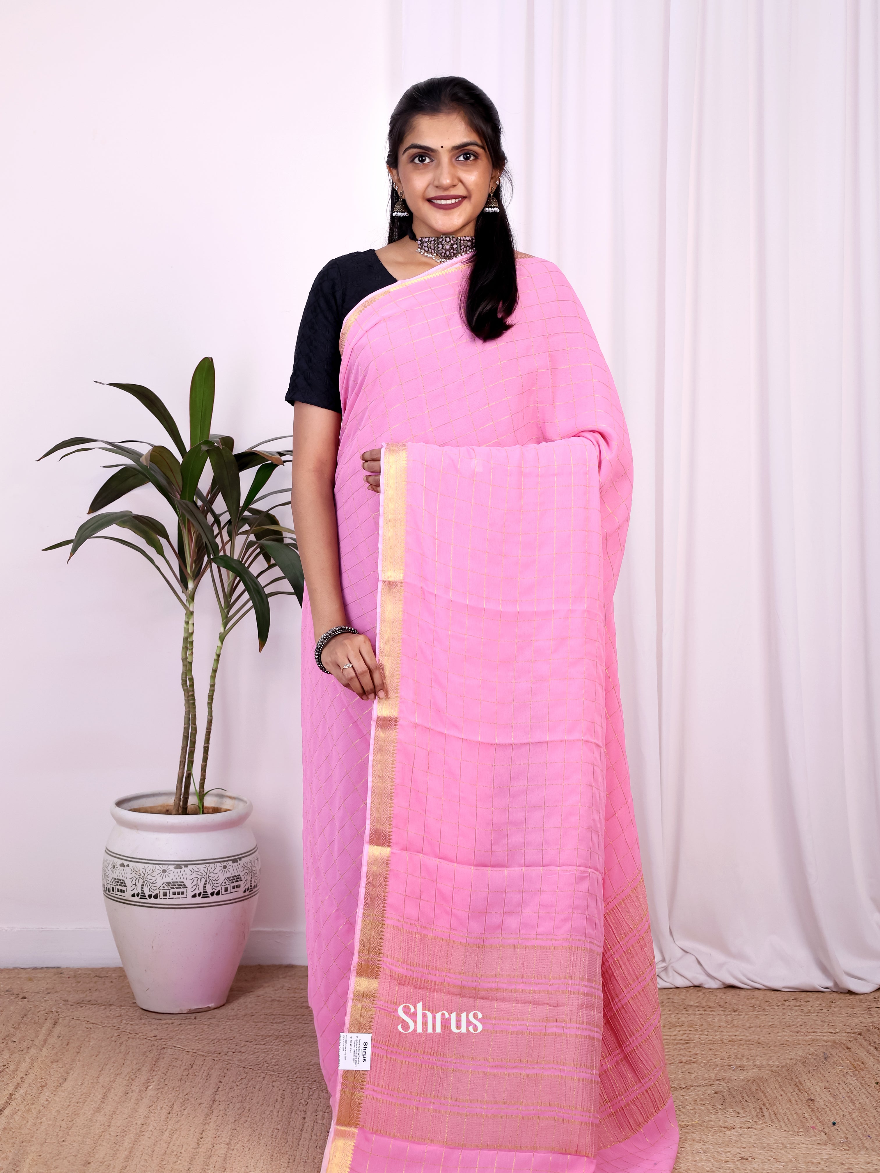 Pink - Semi Mysoresilk Saree