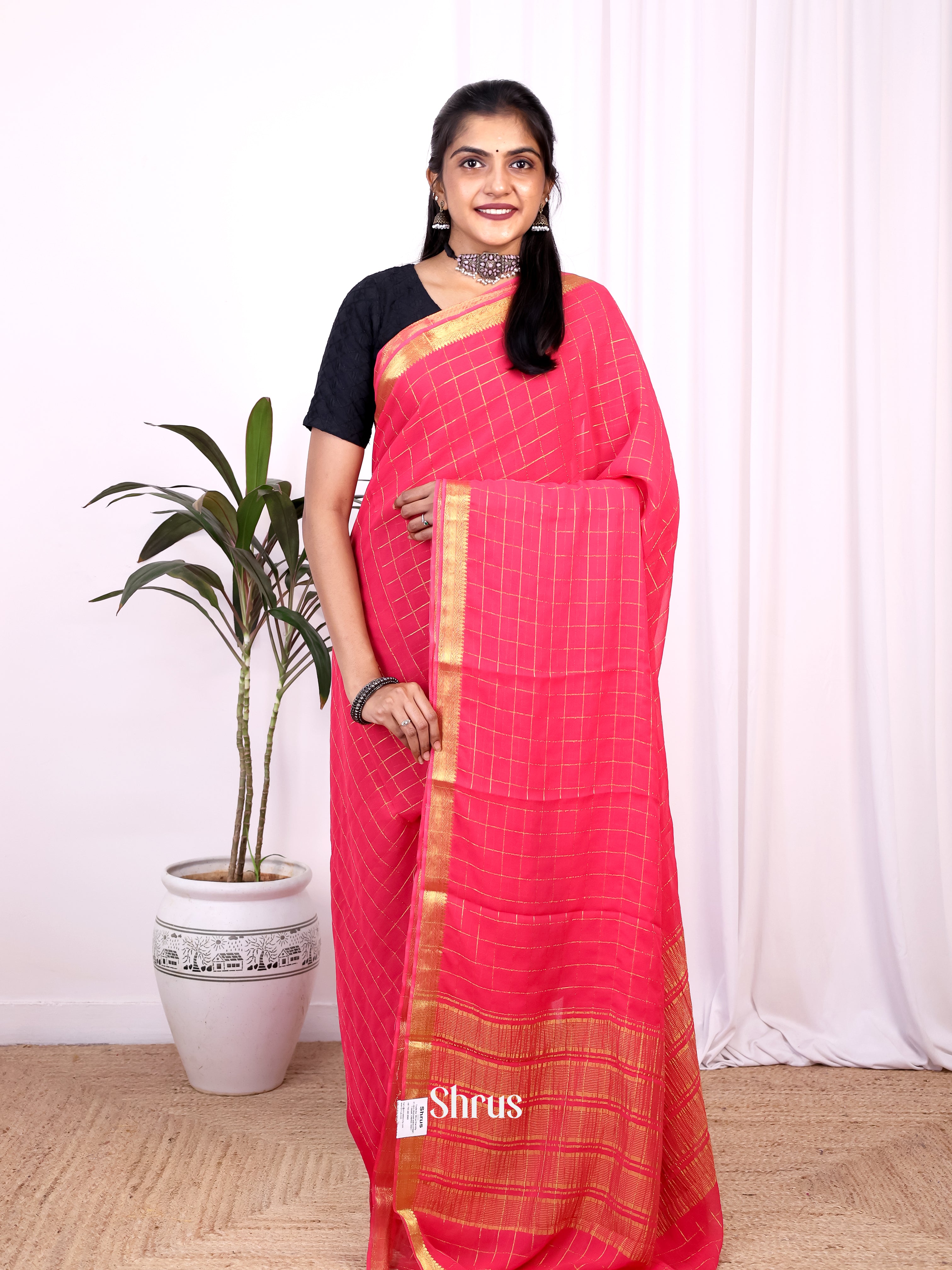 Pink - Semi Mysoresilk Saree