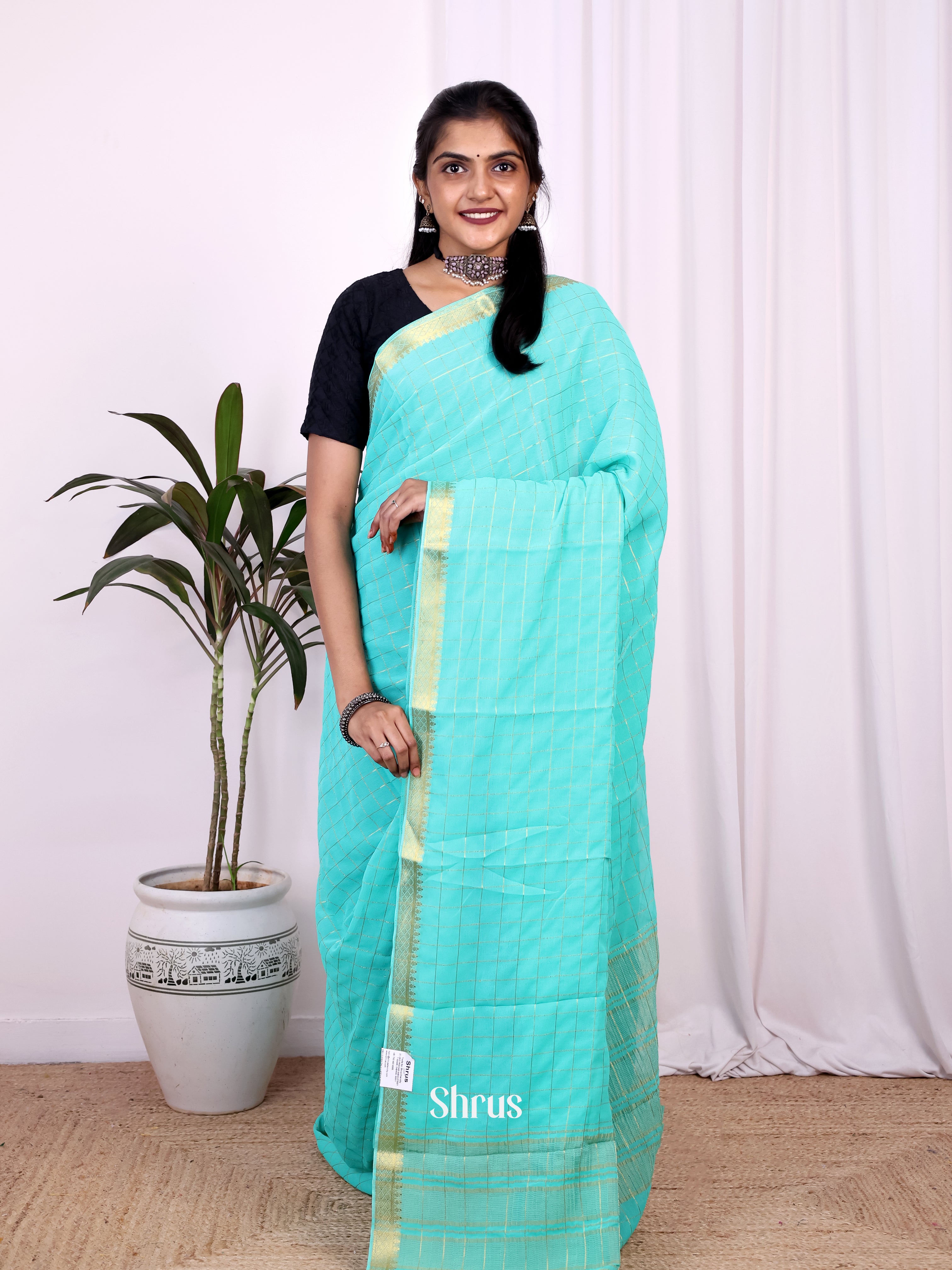 Teal - Semi Mysoresilk Saree