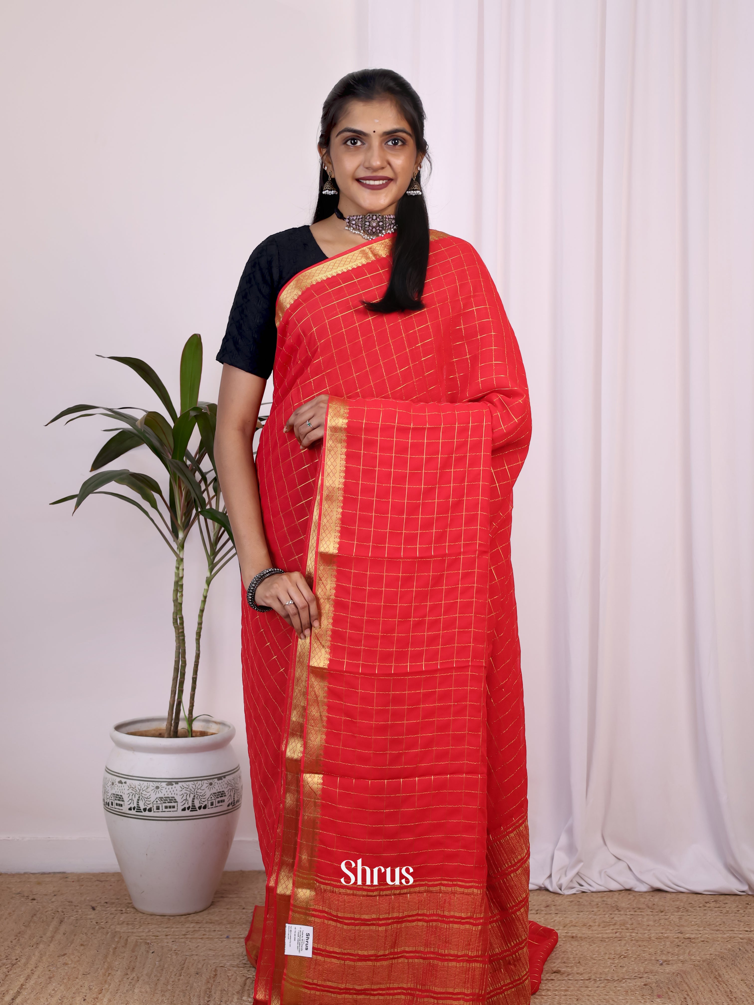 Red - Semi Mysoresilk Saree