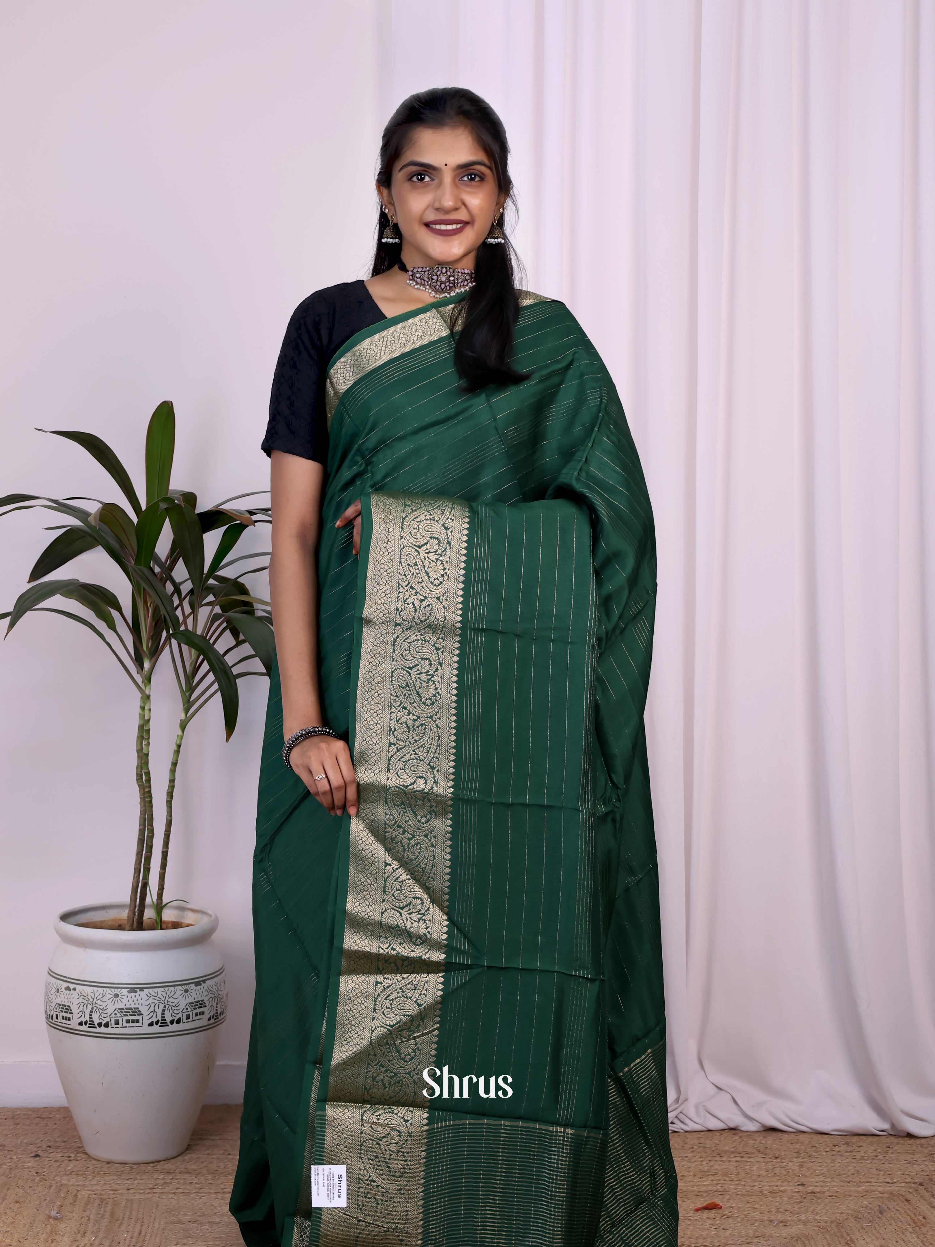 Green & Maroon - Semi Mysoresilk Saree