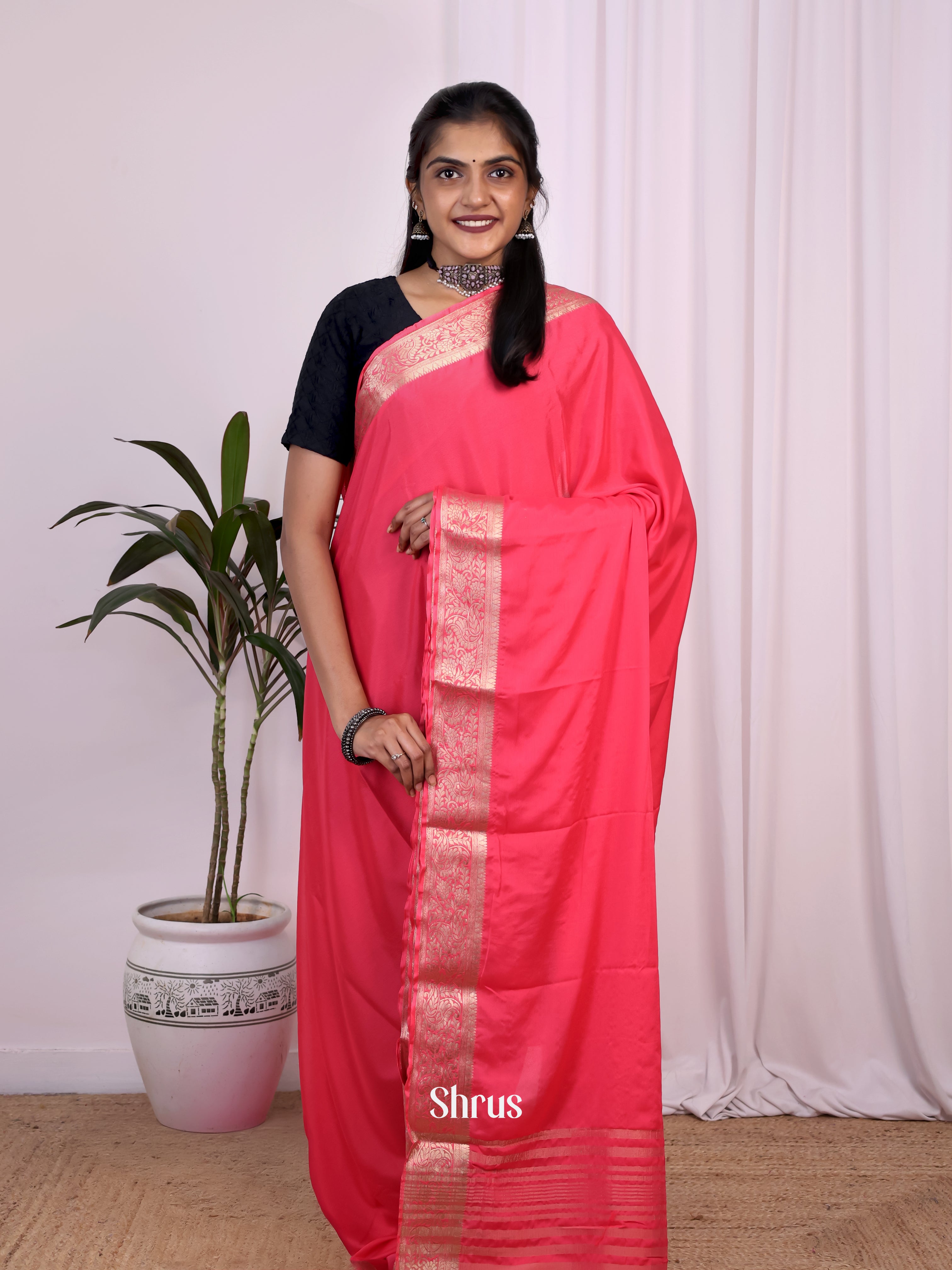 Pink - Semi Mysoresilk Saree