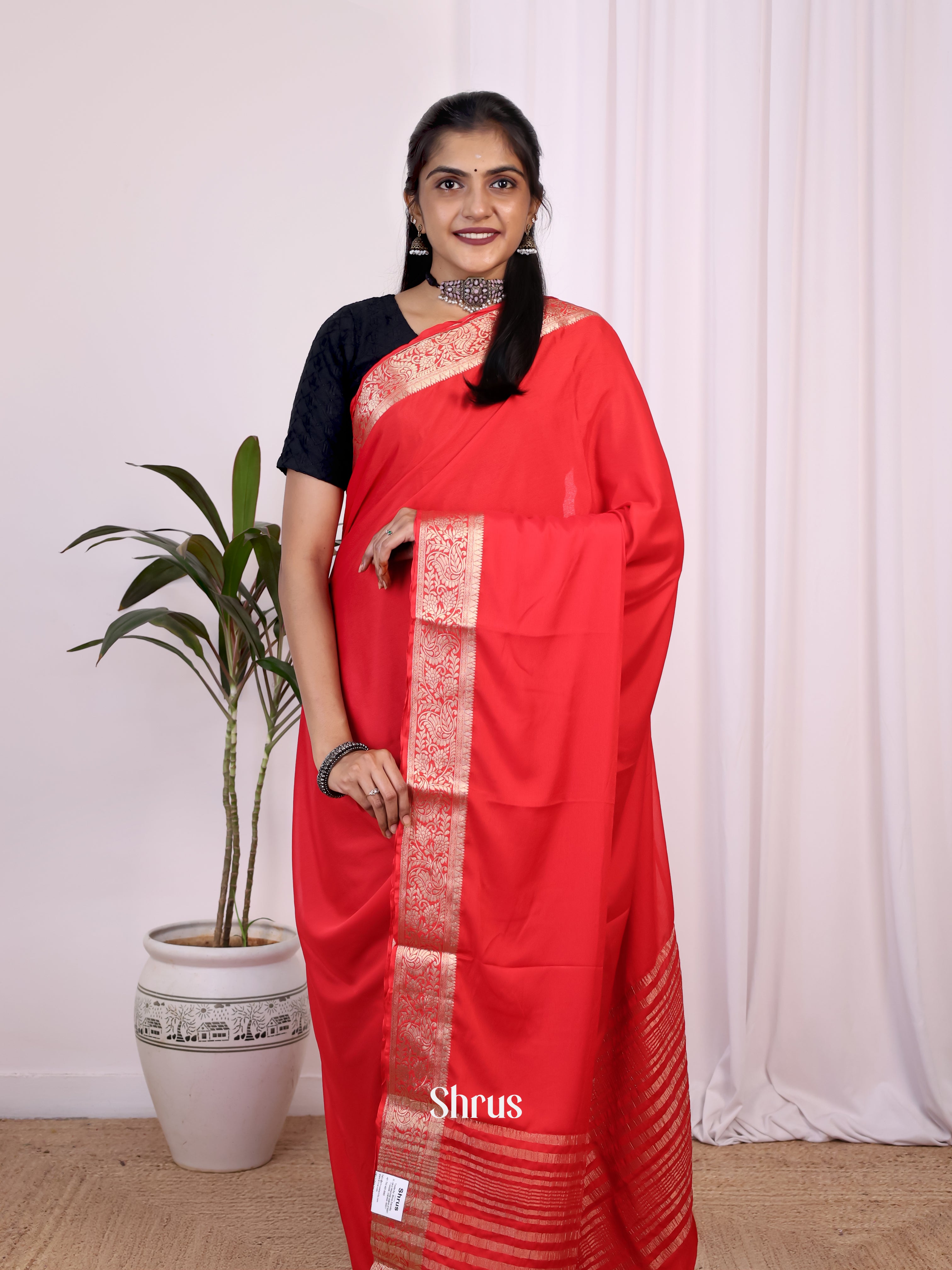 Red - Semi Mysoresilk Saree