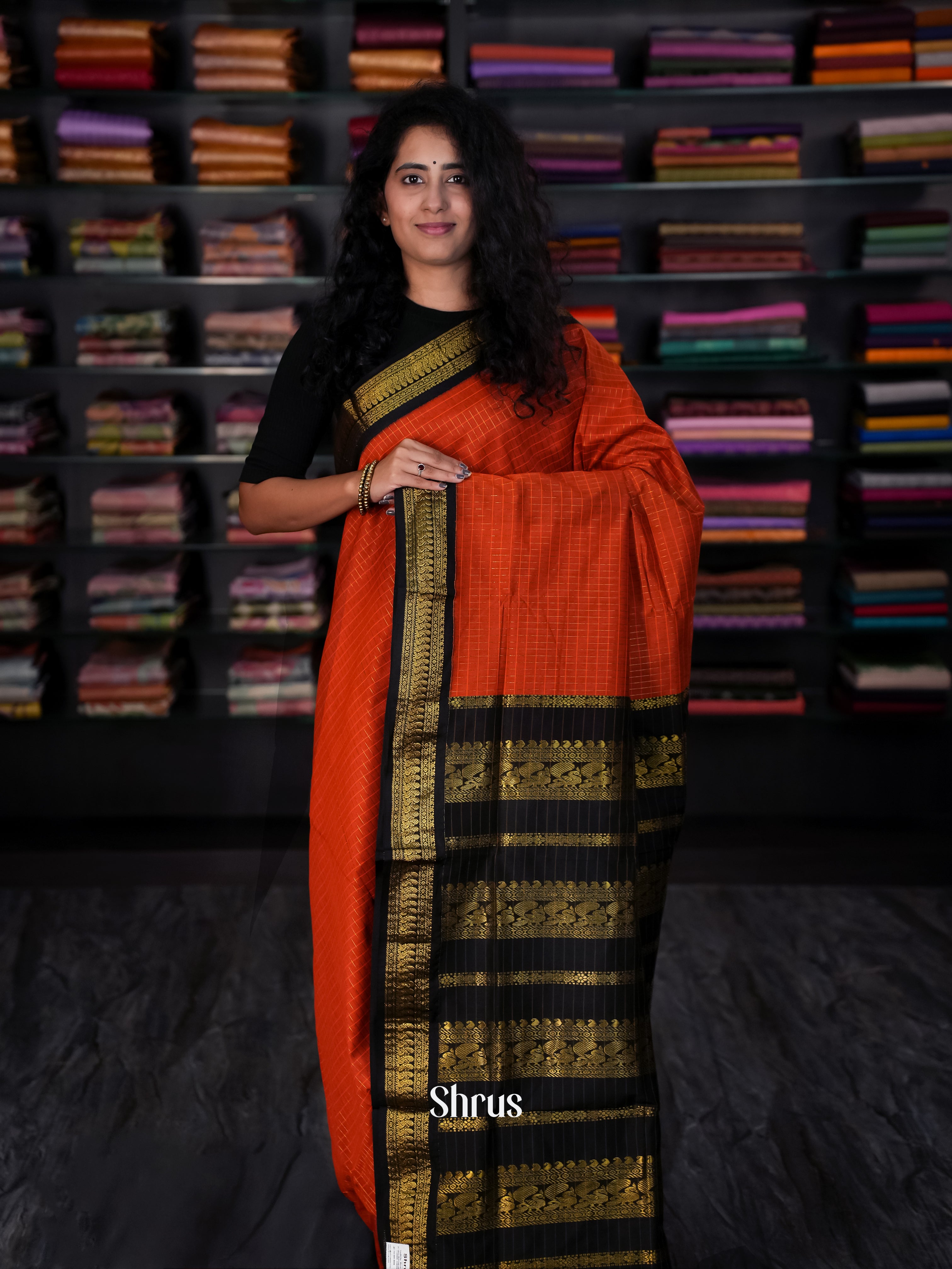 Orange & Black  - Kalyani Cotton Saree