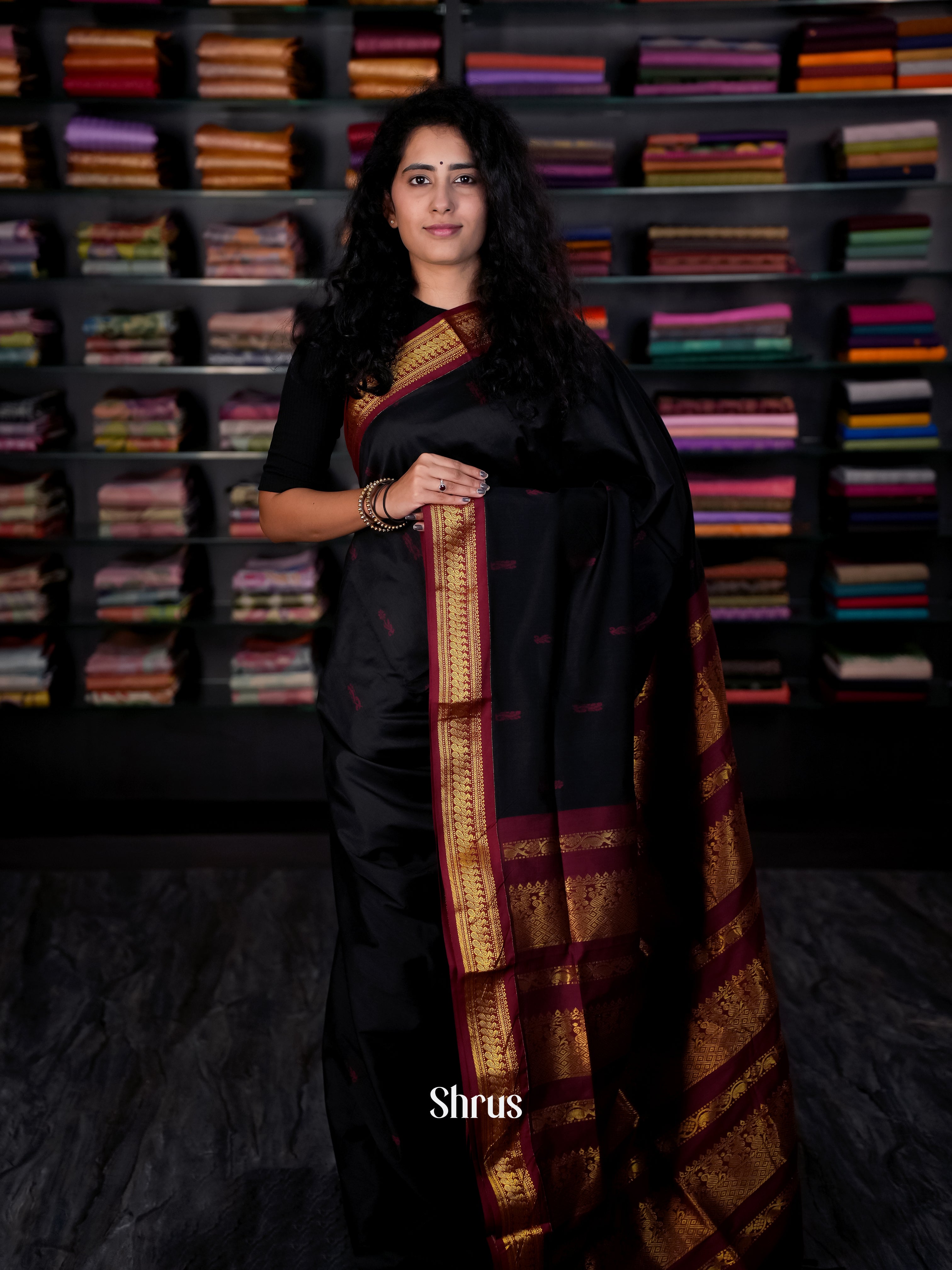 Black & Maroon - Kalyani Cotton Saree