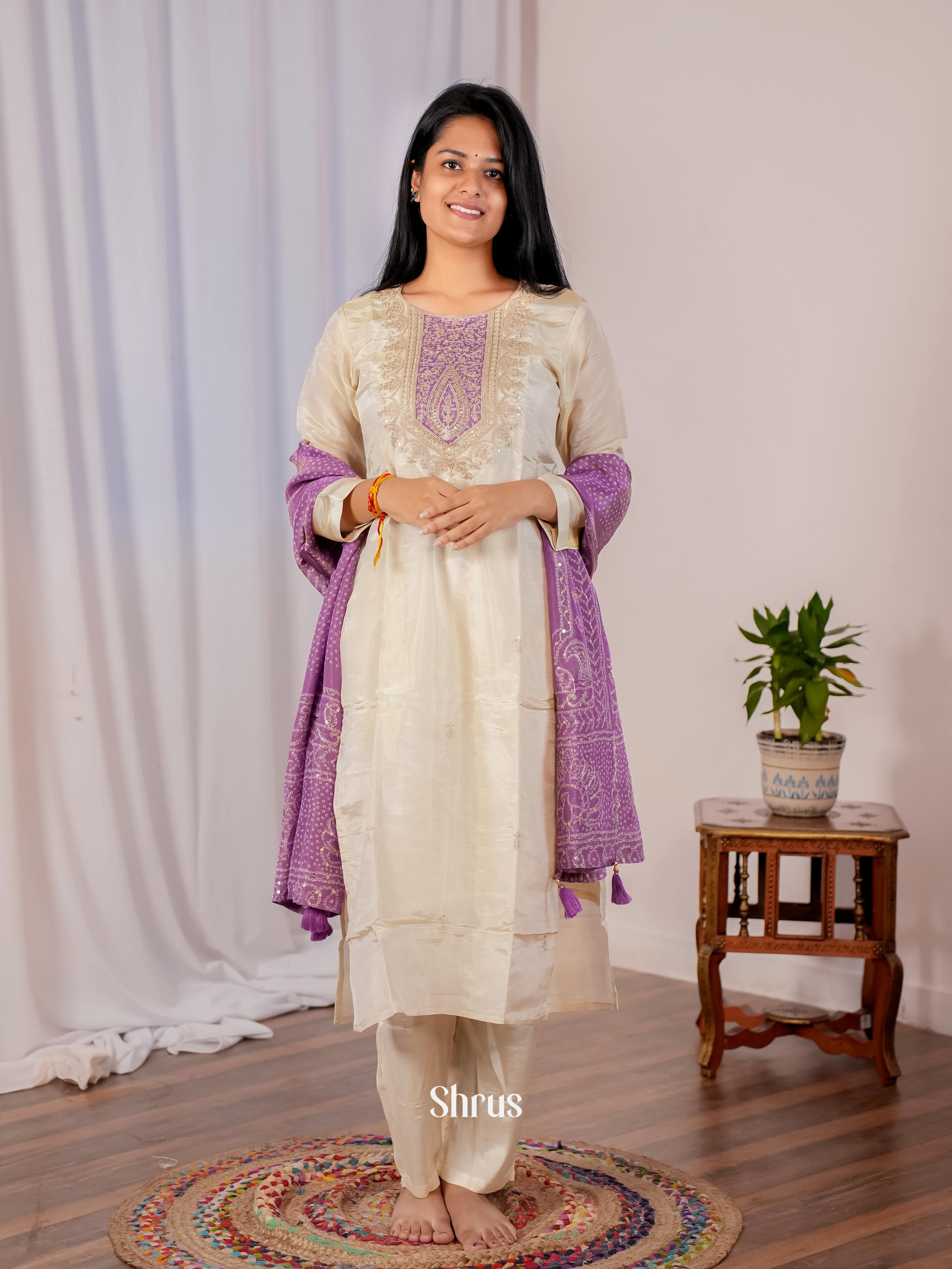 Cream  & Purple - 3-pc Readymade Suits