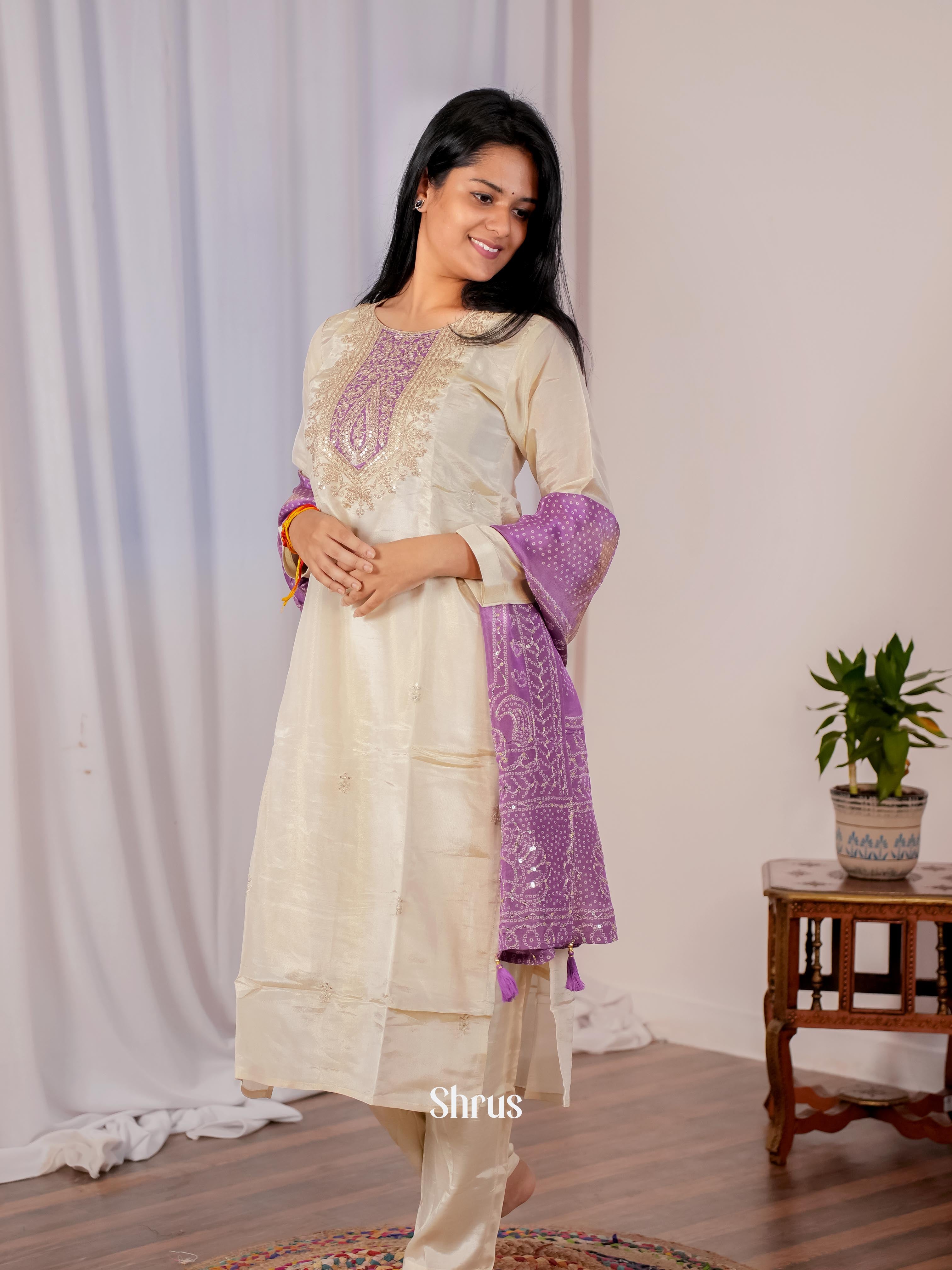 Cream  & Purple - 3-pc Readymade Suits