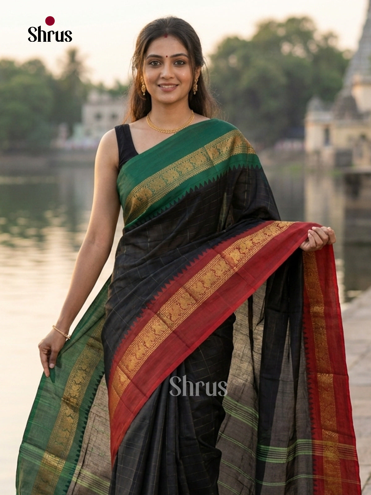 Stunning Black Chettinad Cotton Saree With Red & Green Ganga Jamuna Zari Woven Border