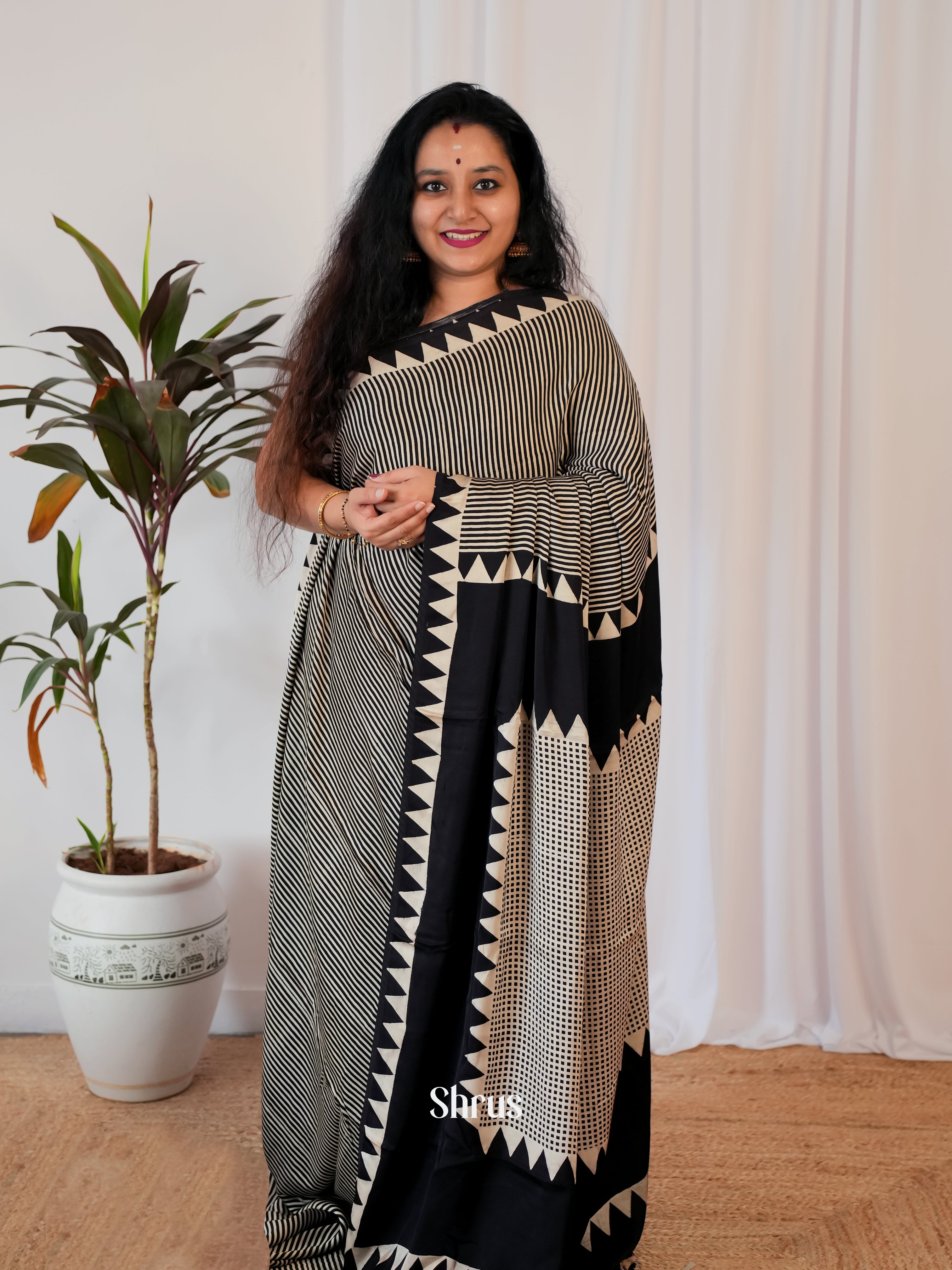 Cream & Black - Modal Silk Saree