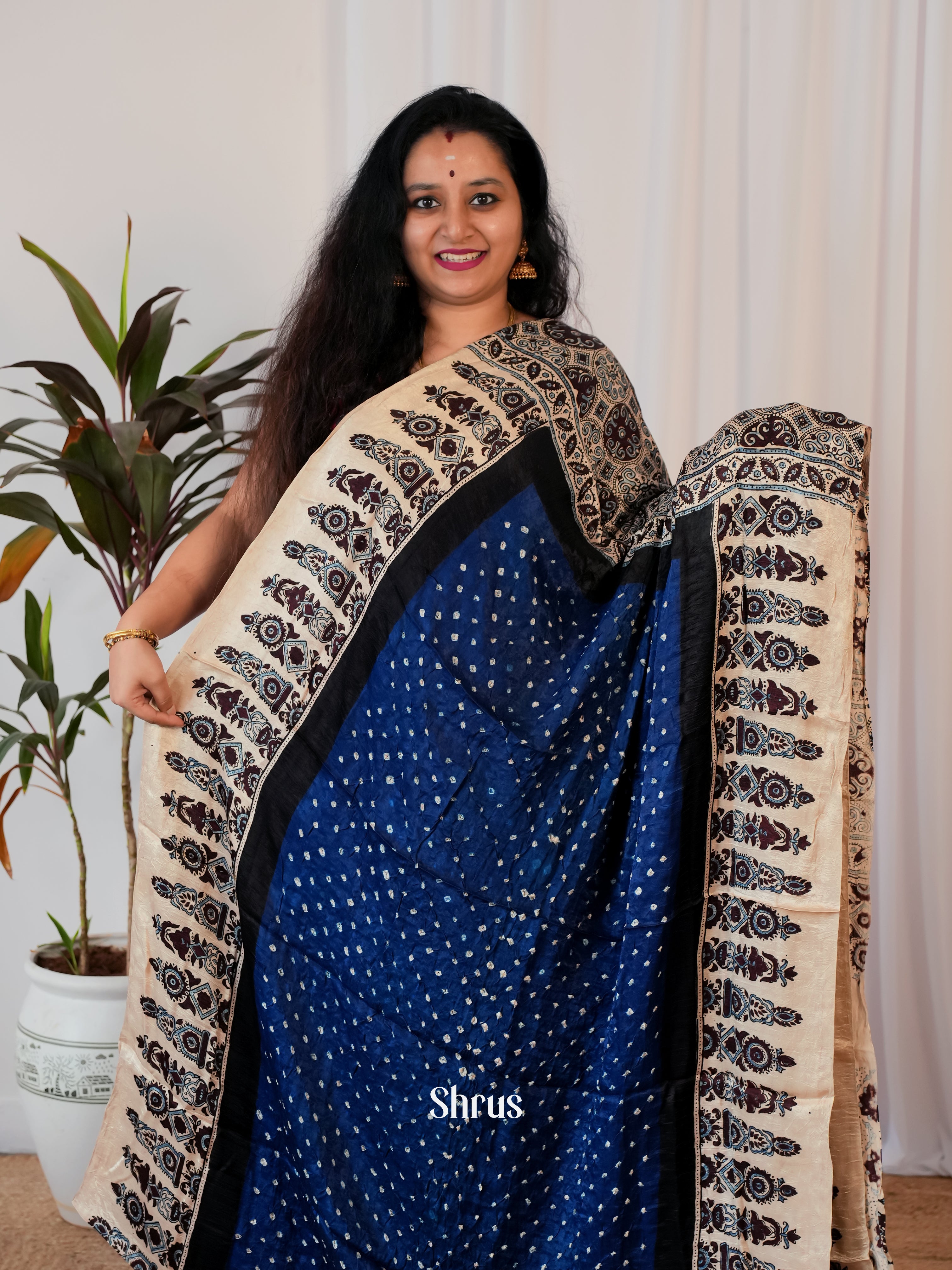 Blue  & Cream - Modal Silk Saree