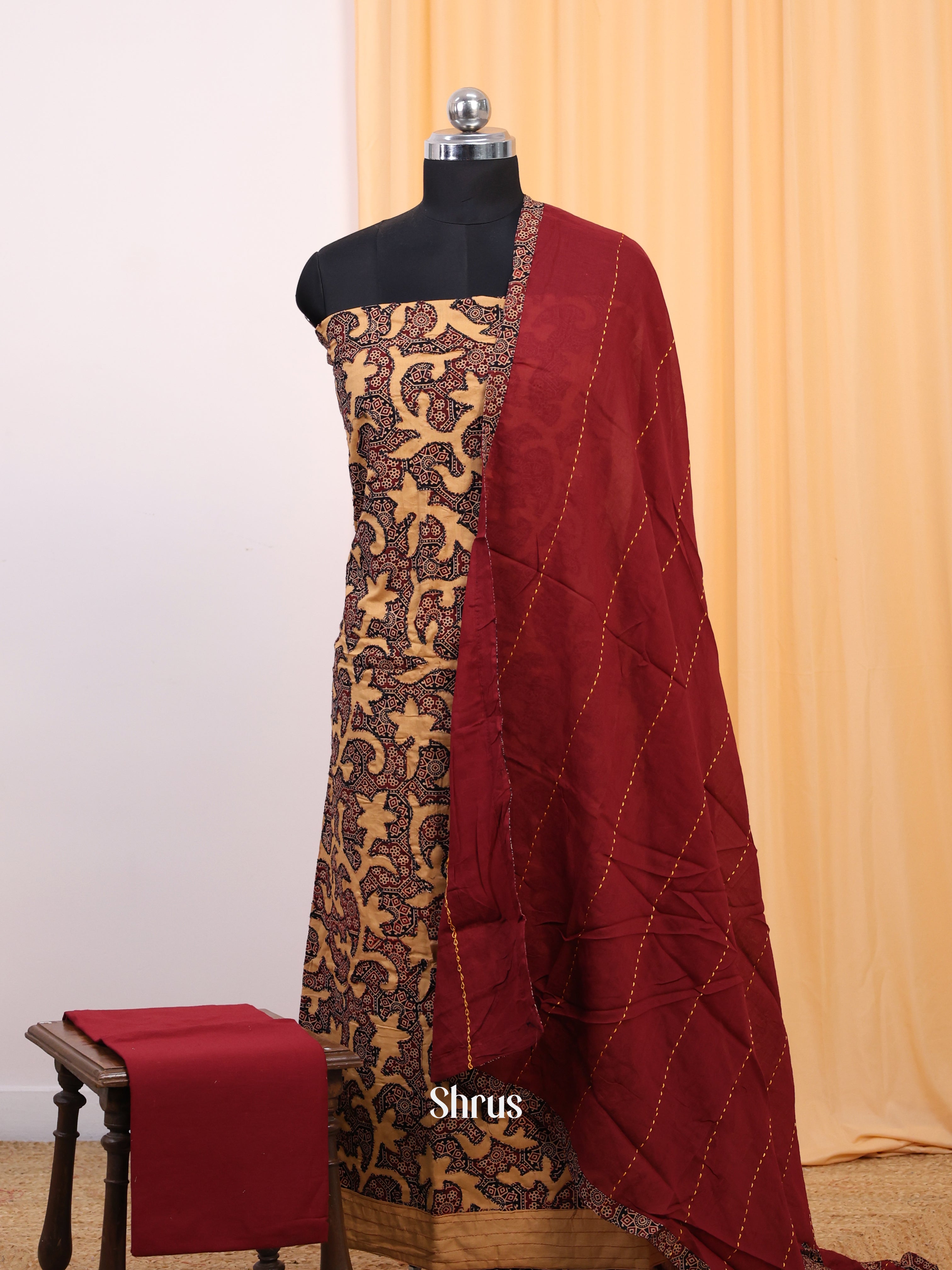 Beige, Black  & Red - Ajrakh Salwar