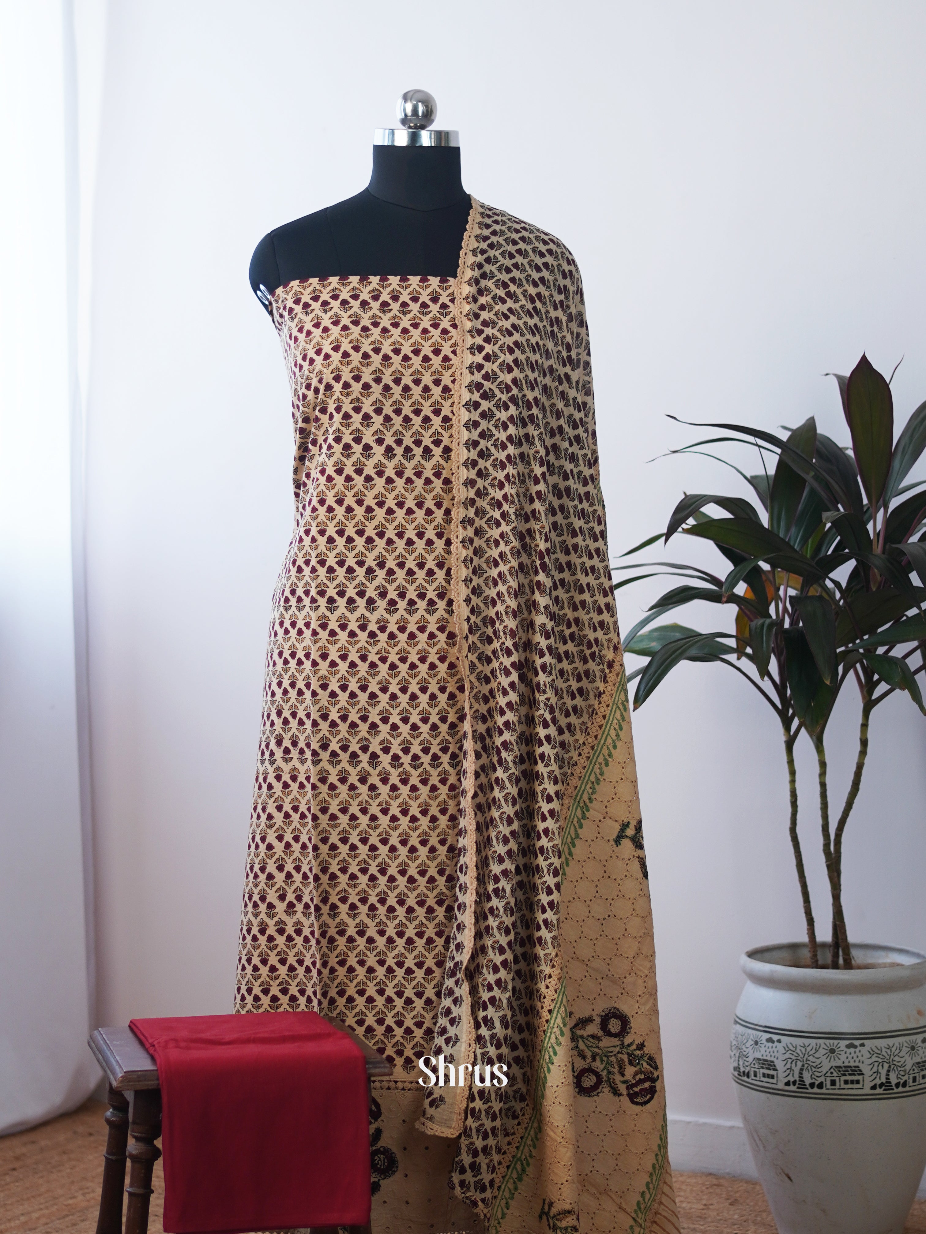 Beige  & Maroon - Ajrakh Salwar