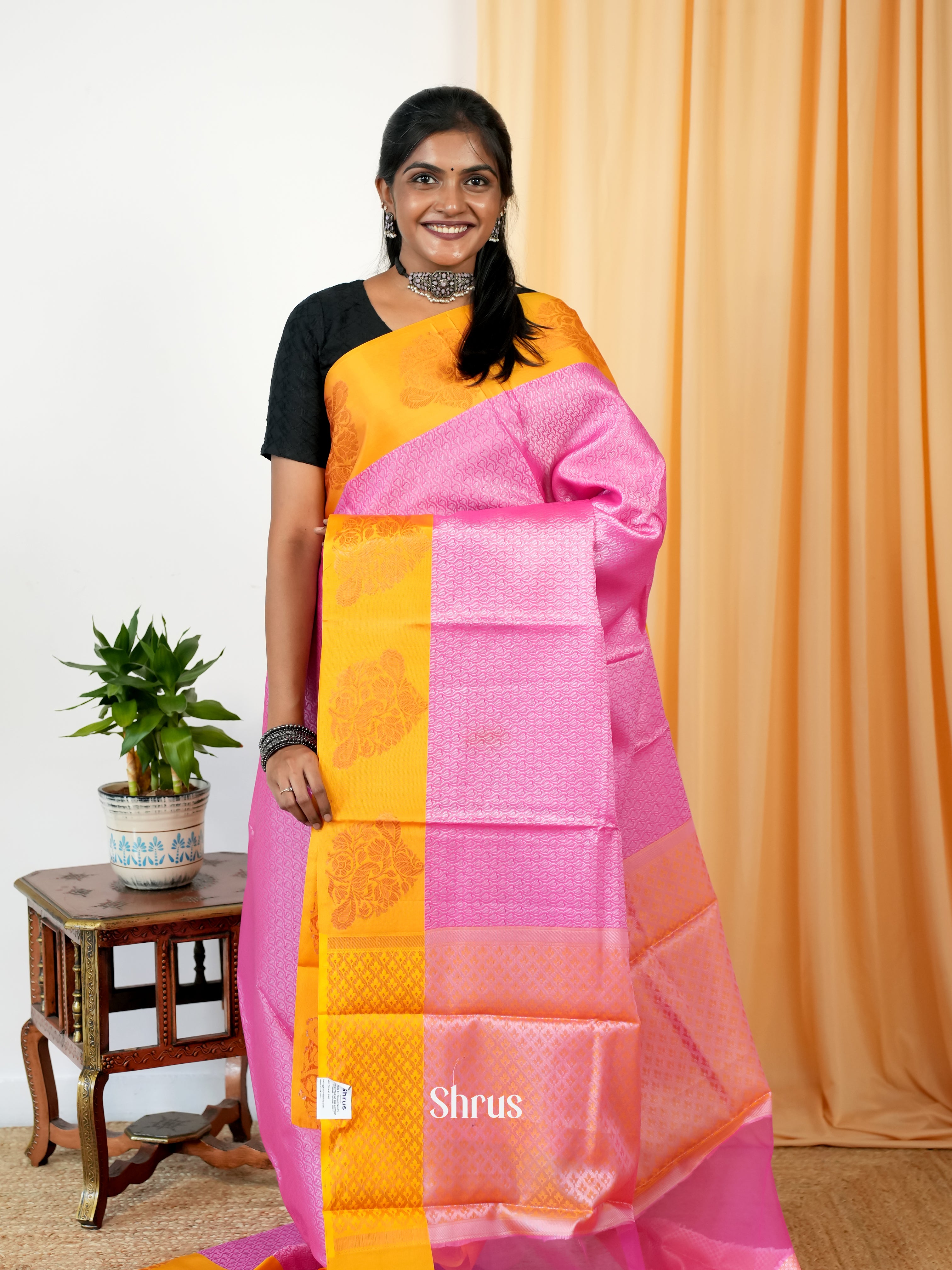 Pink & Mustard- Tanchoi Saree