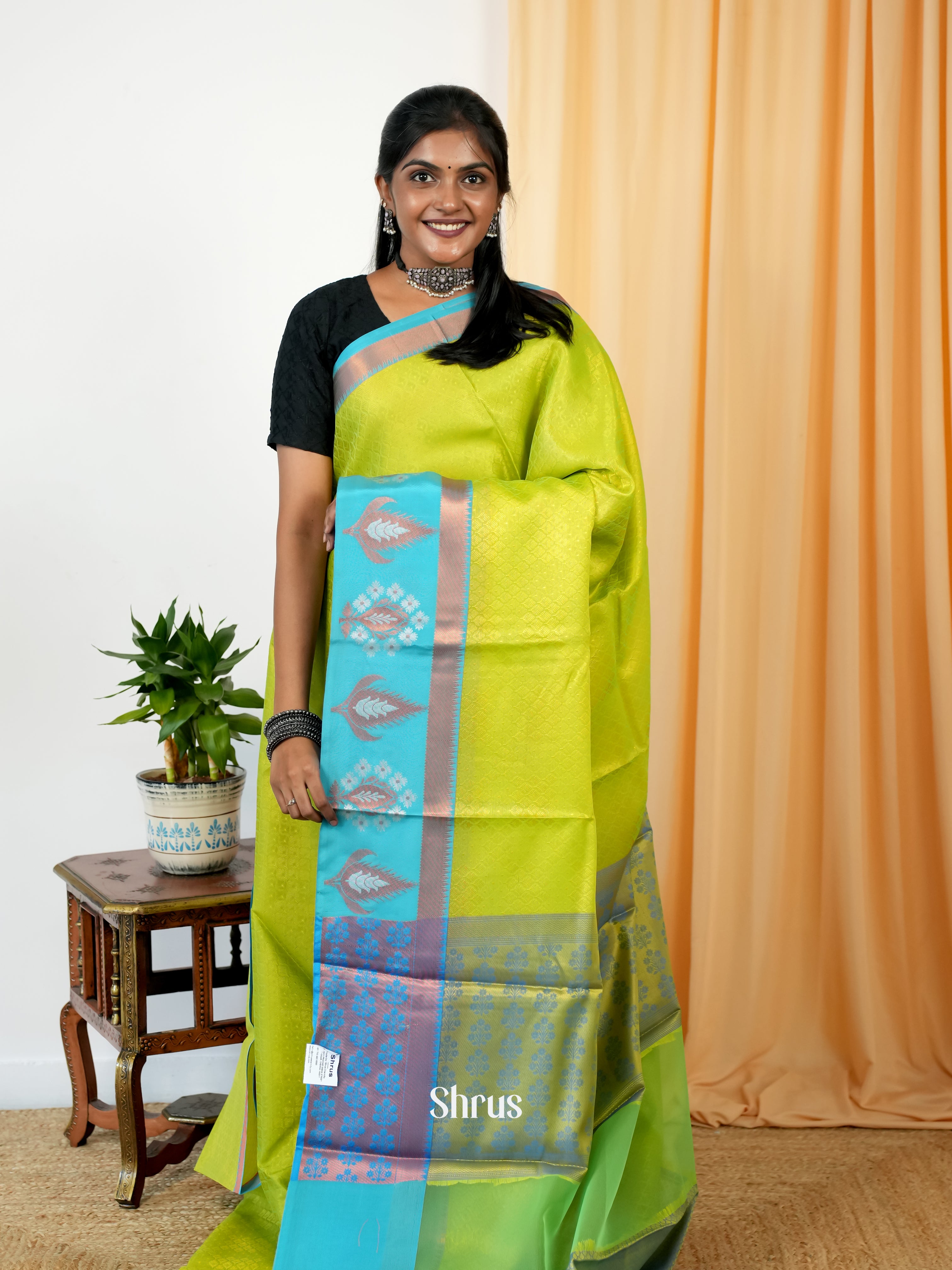 Lime Green & Blue- Tanchoi Saree