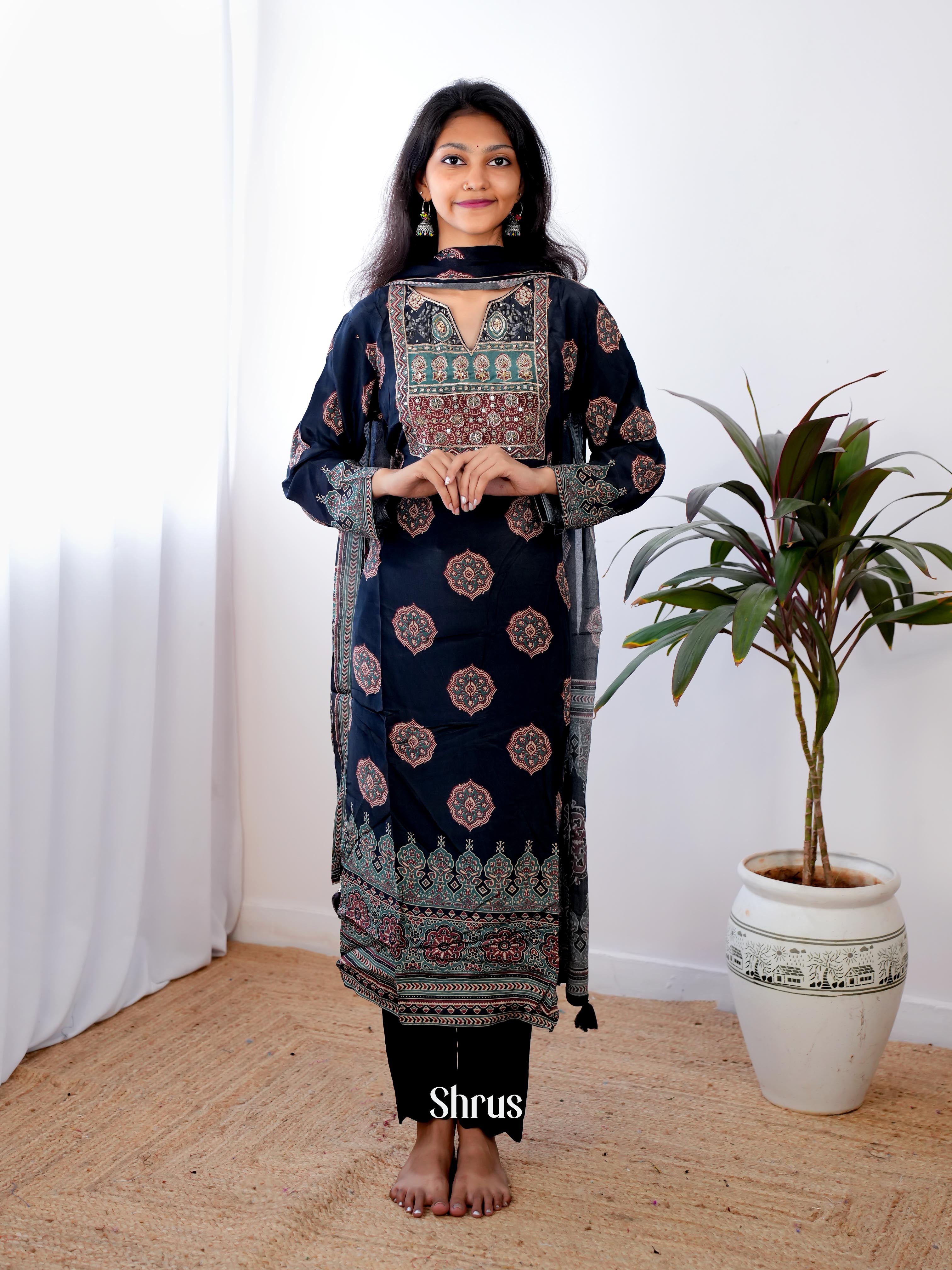 Black -3 pc Festive ajrakh printed  Readymade Suits