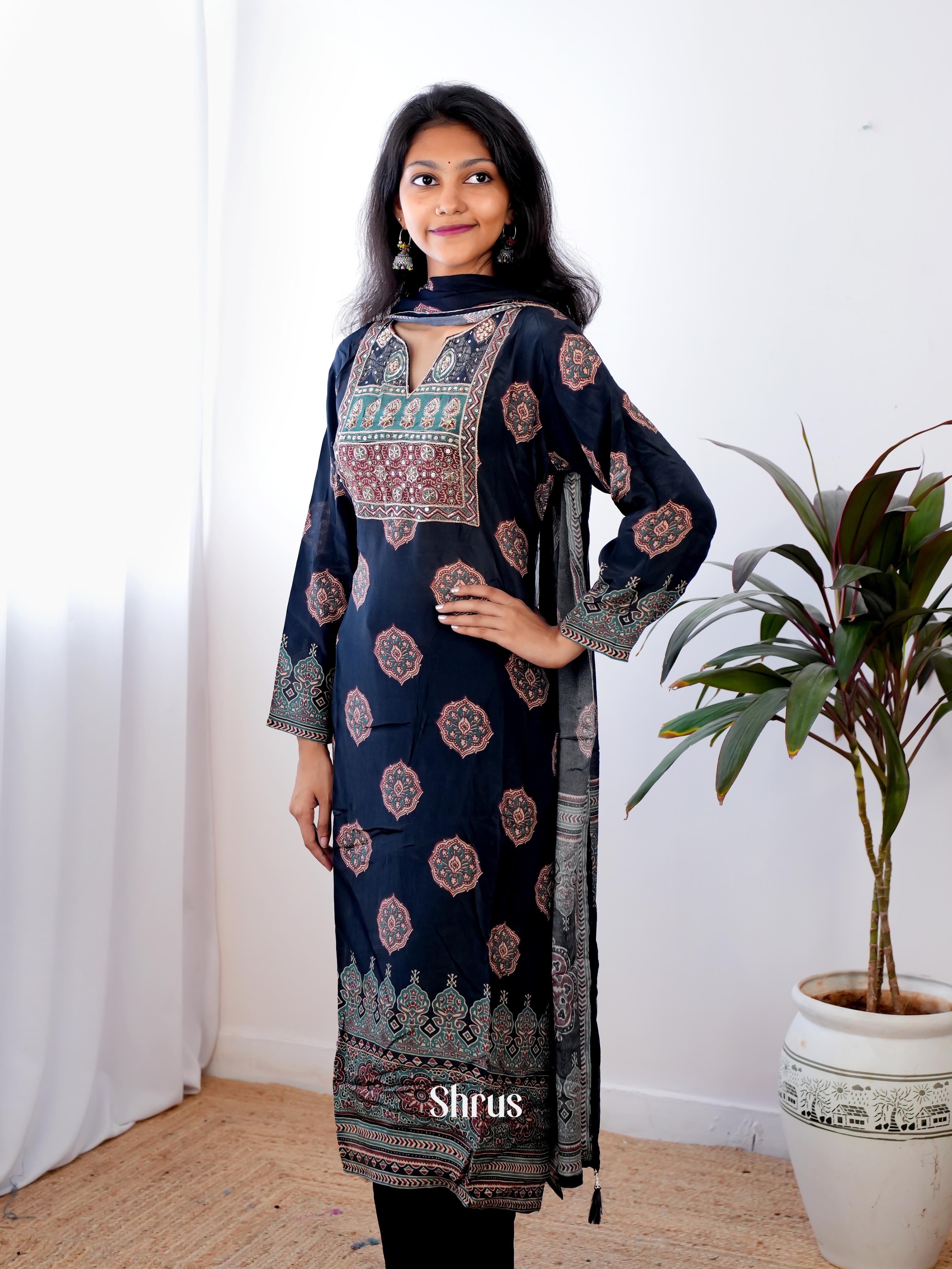 Black -3 pc Festive ajrakh printed  Readymade Suits