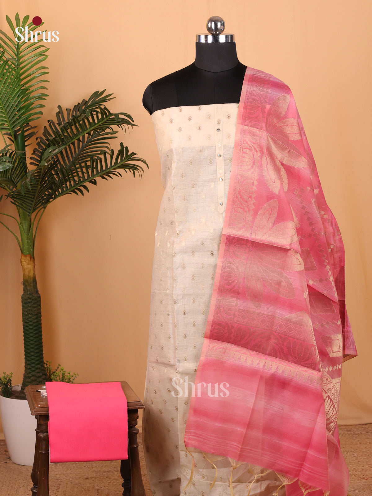Cotton Salwar Unstitch Cream & Pink - CIS13459 - Shop on Shrus.com