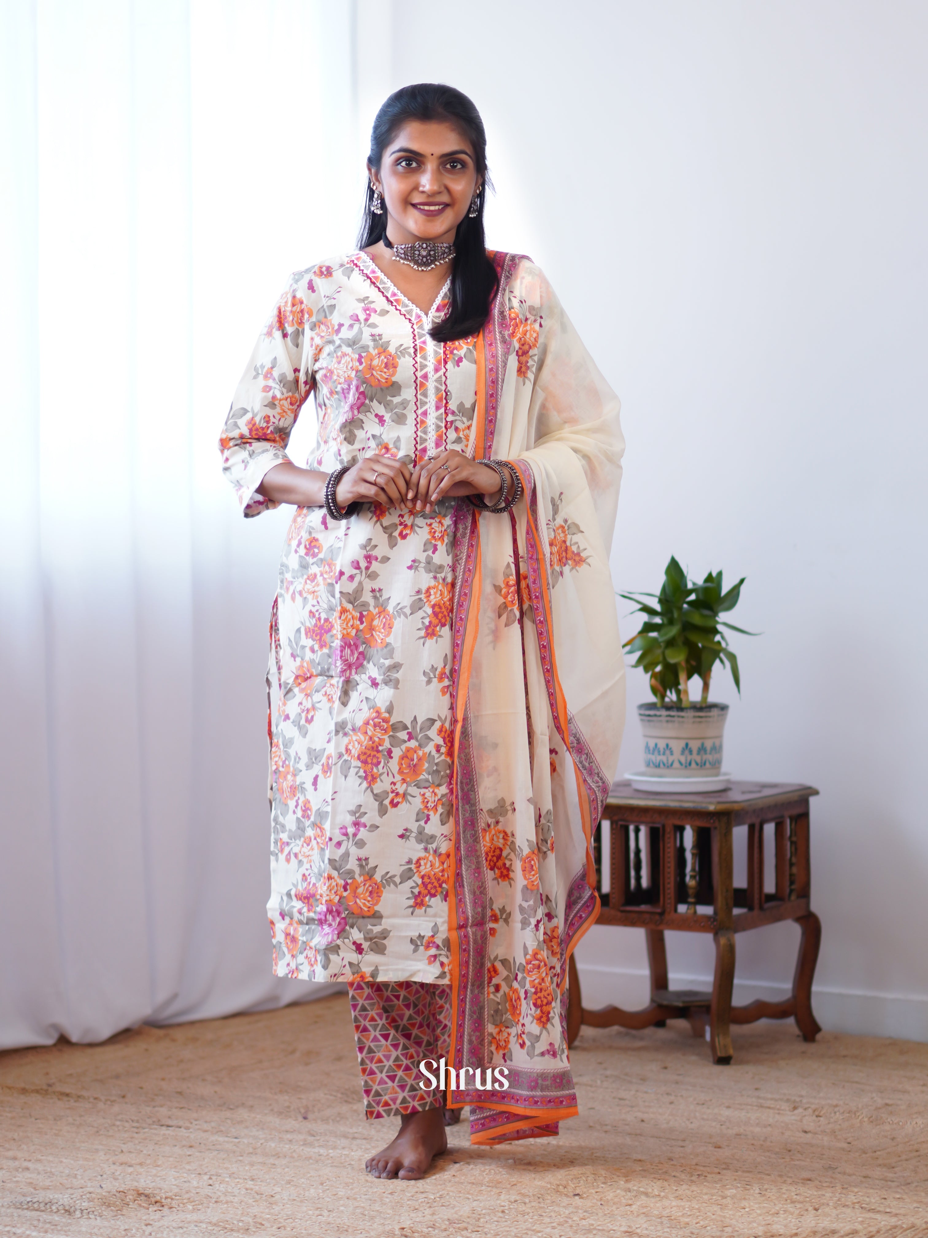 White & Orange - 3pc printed Readymade Suits