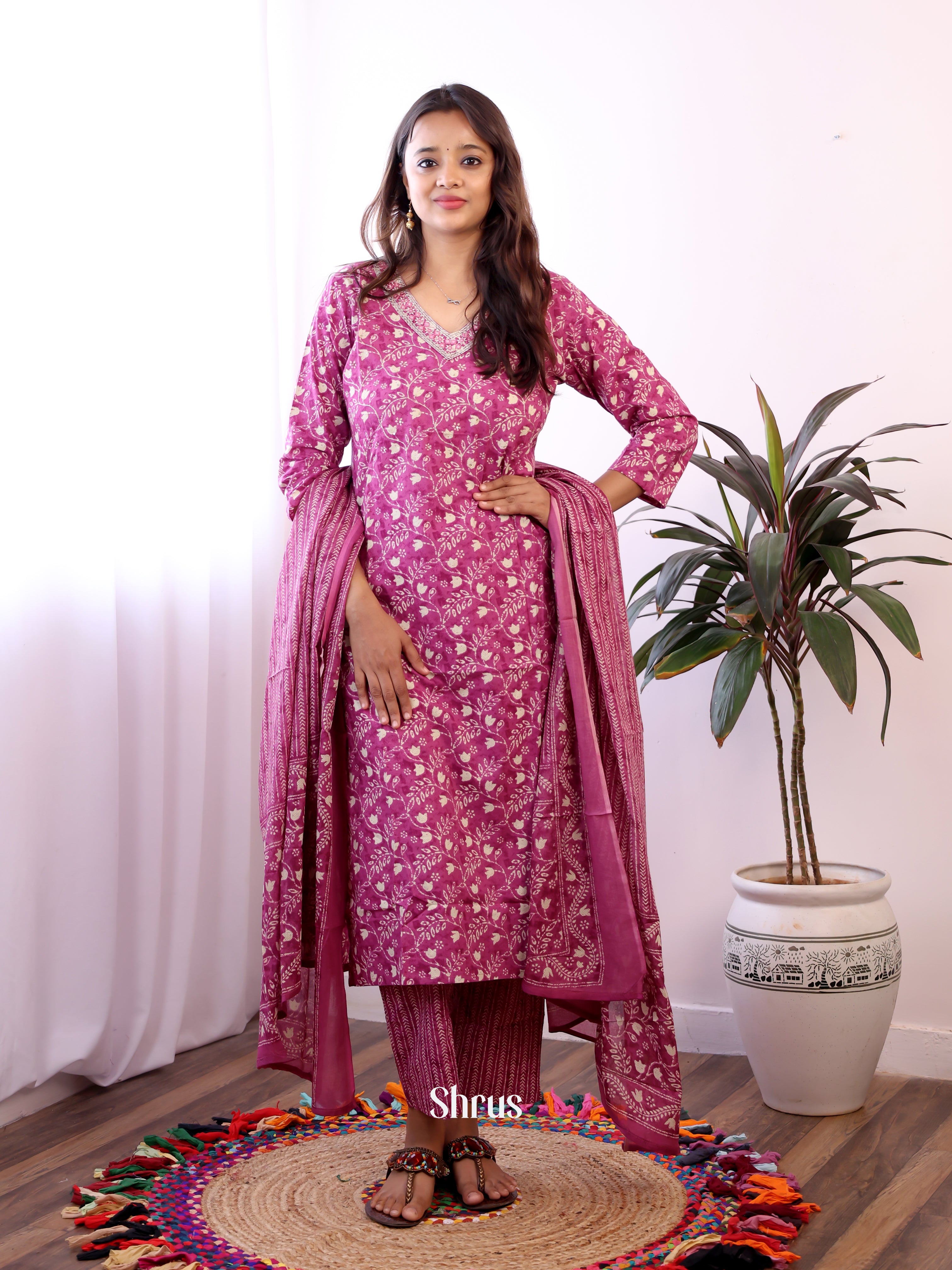 Purple -3pc Cotton  Readymade Suits