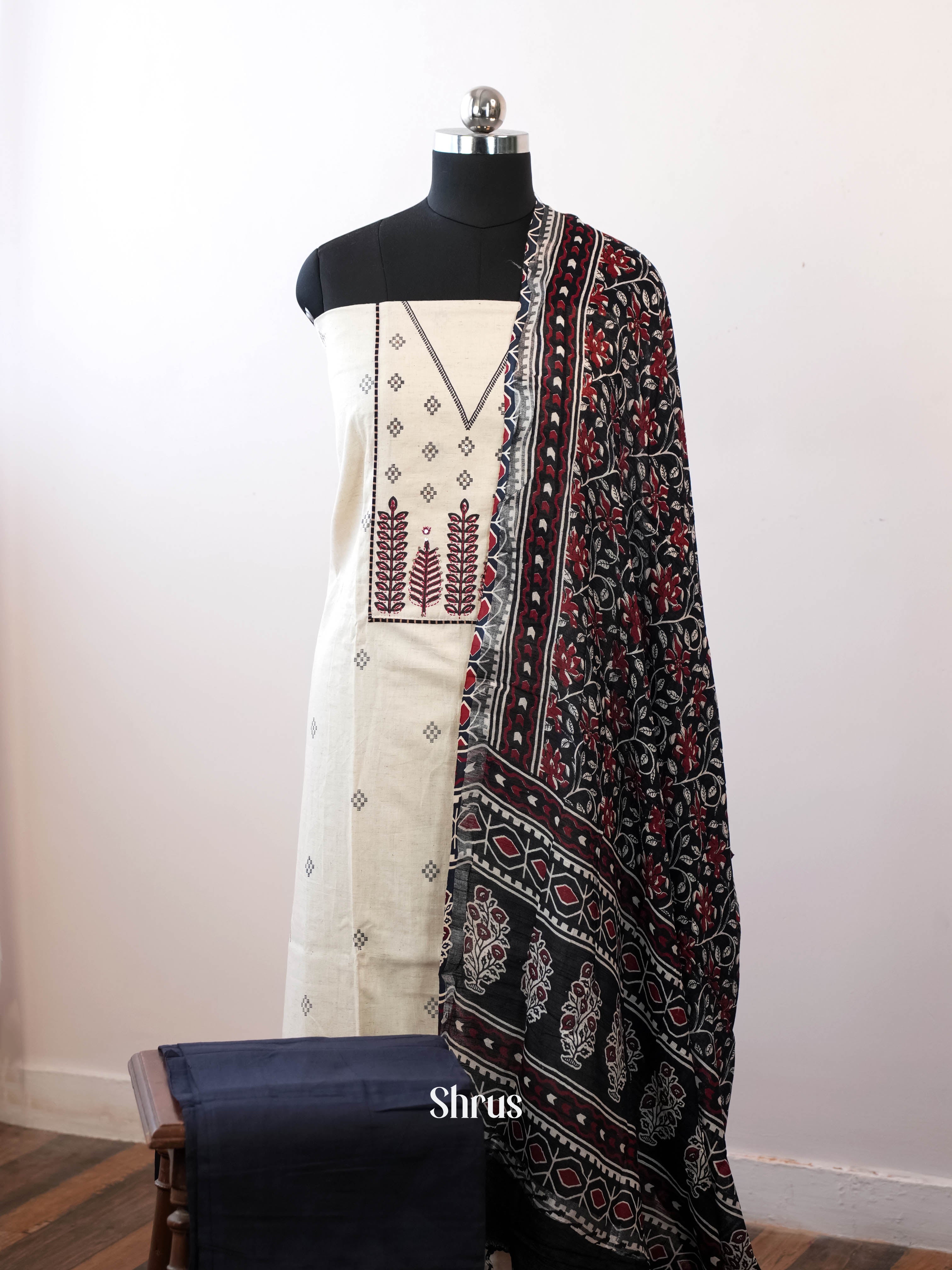 Cream &  Black- Cotton salwar