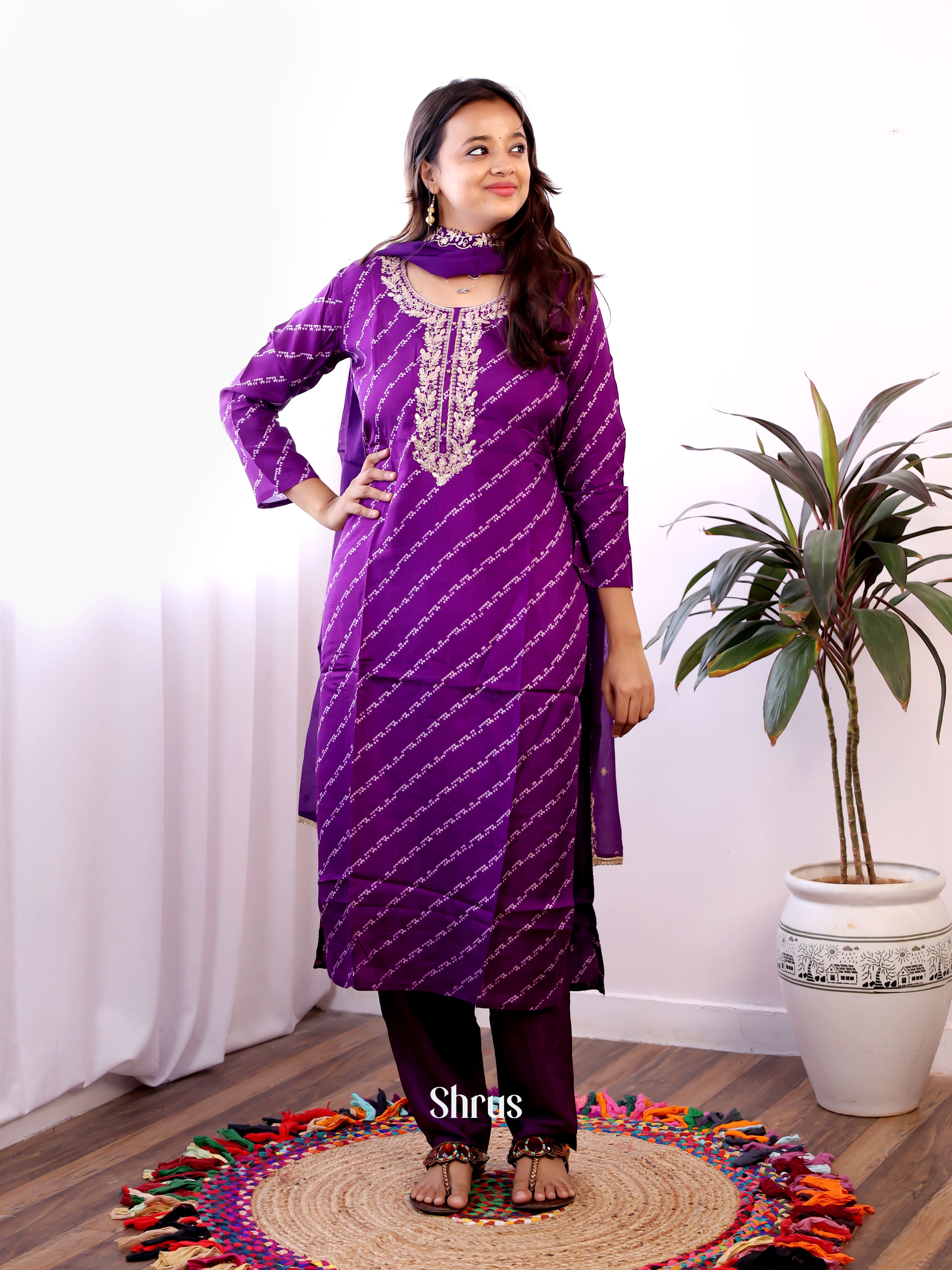 Purple -3pc lehariya print Readymade Suits