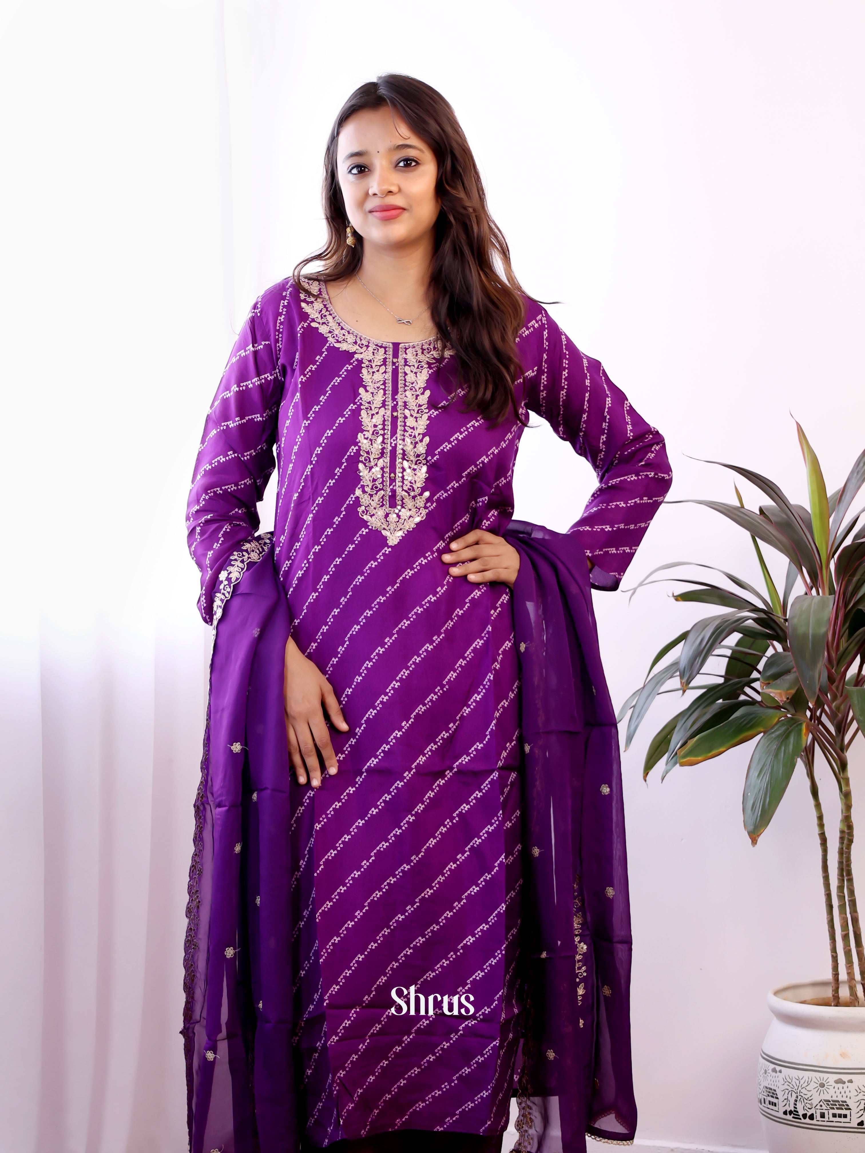 Purple -3pc lehariya print Readymade Suits