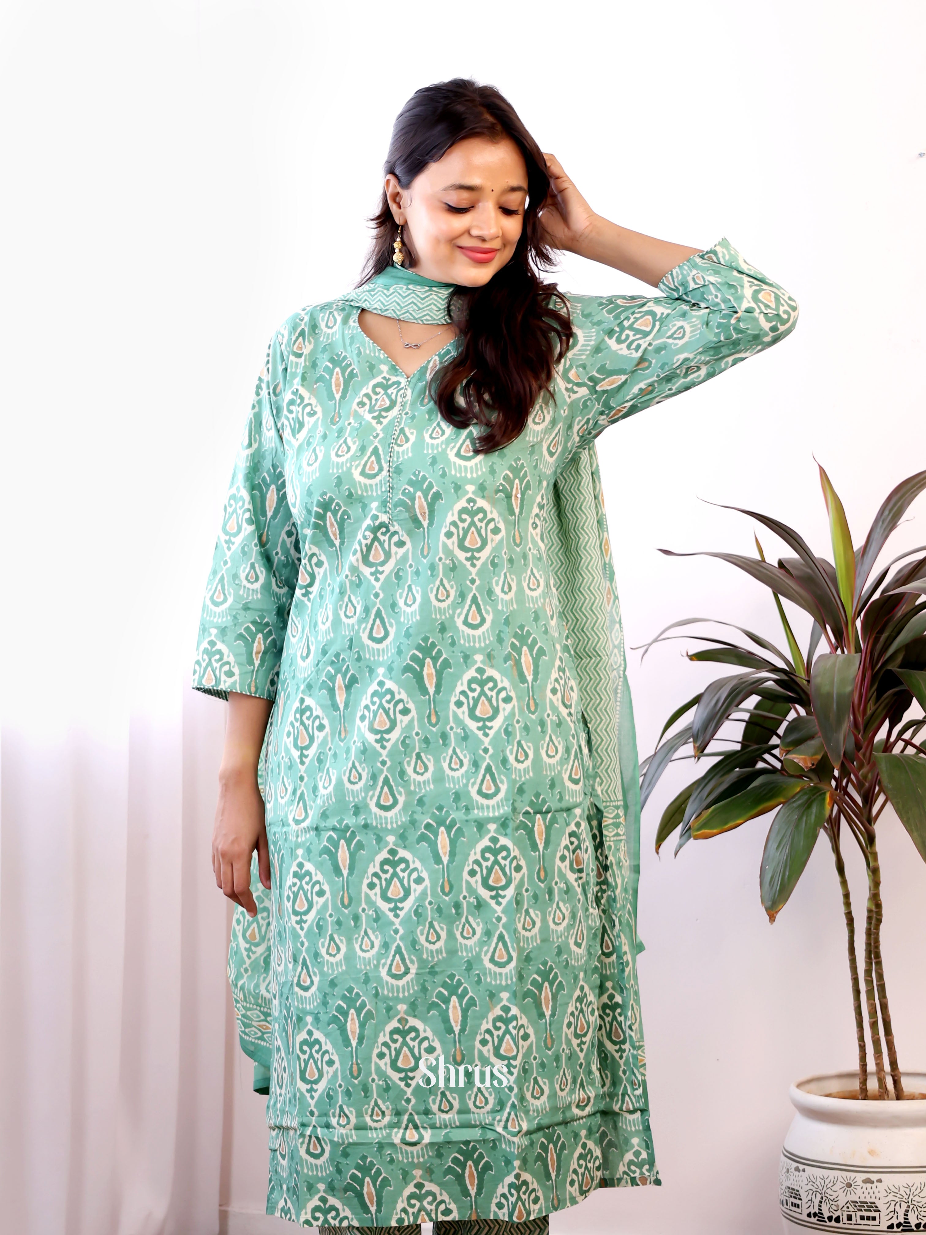 Green-3pc Cotton Readymade Suits