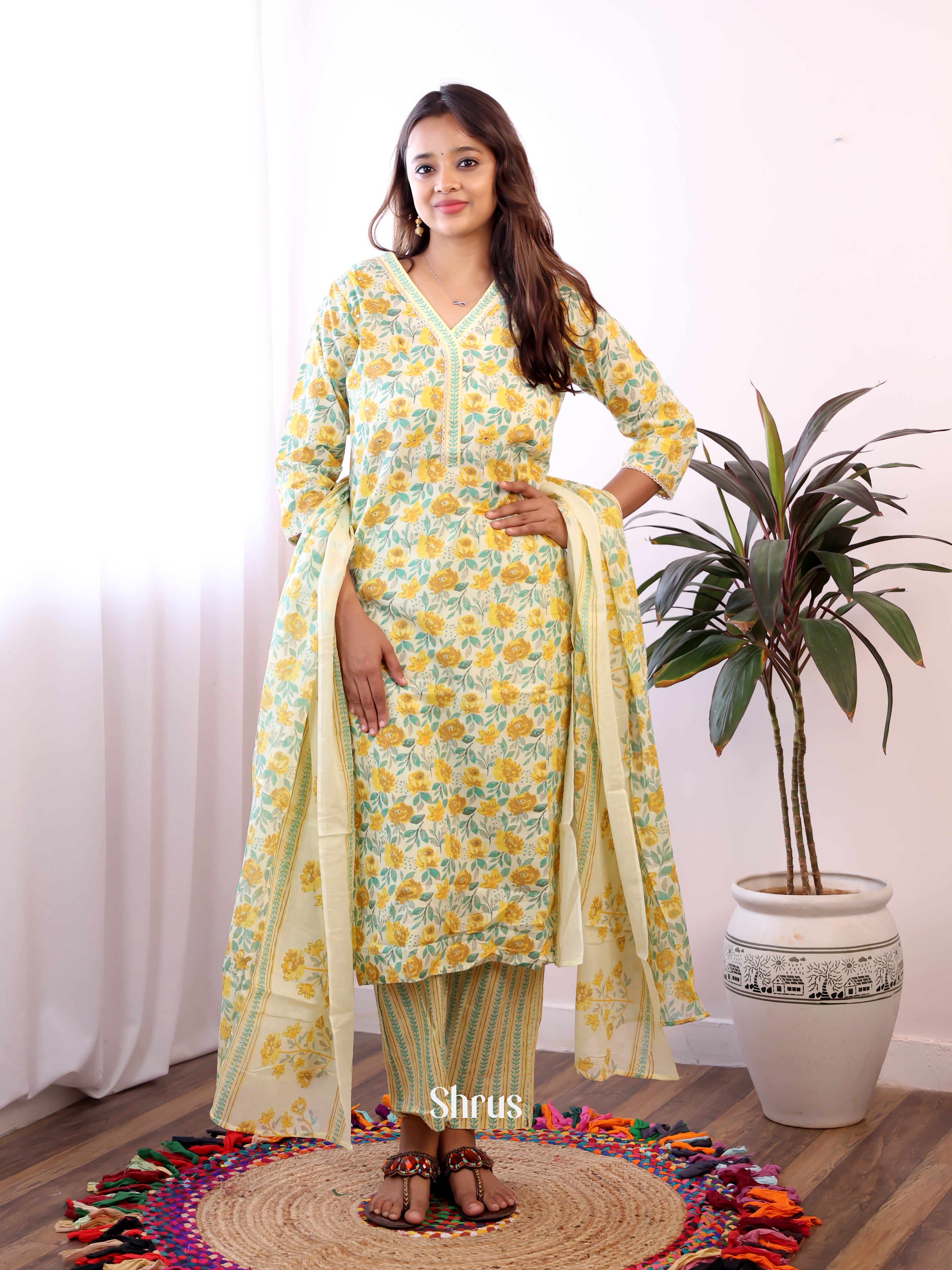 Cream & Yellow -3pc Readymade Suits