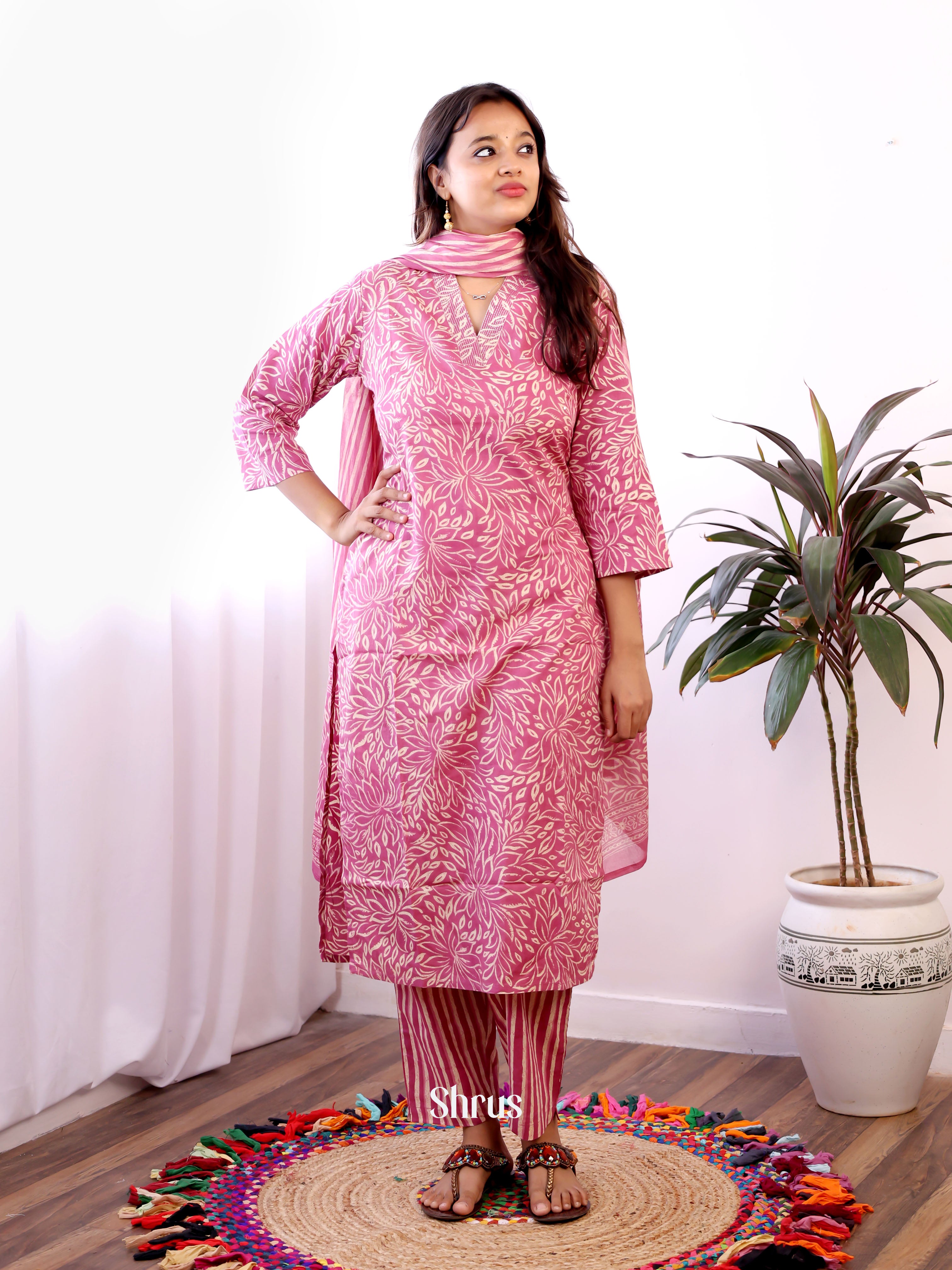 Pink -3pc Cotton  Readymade Suits