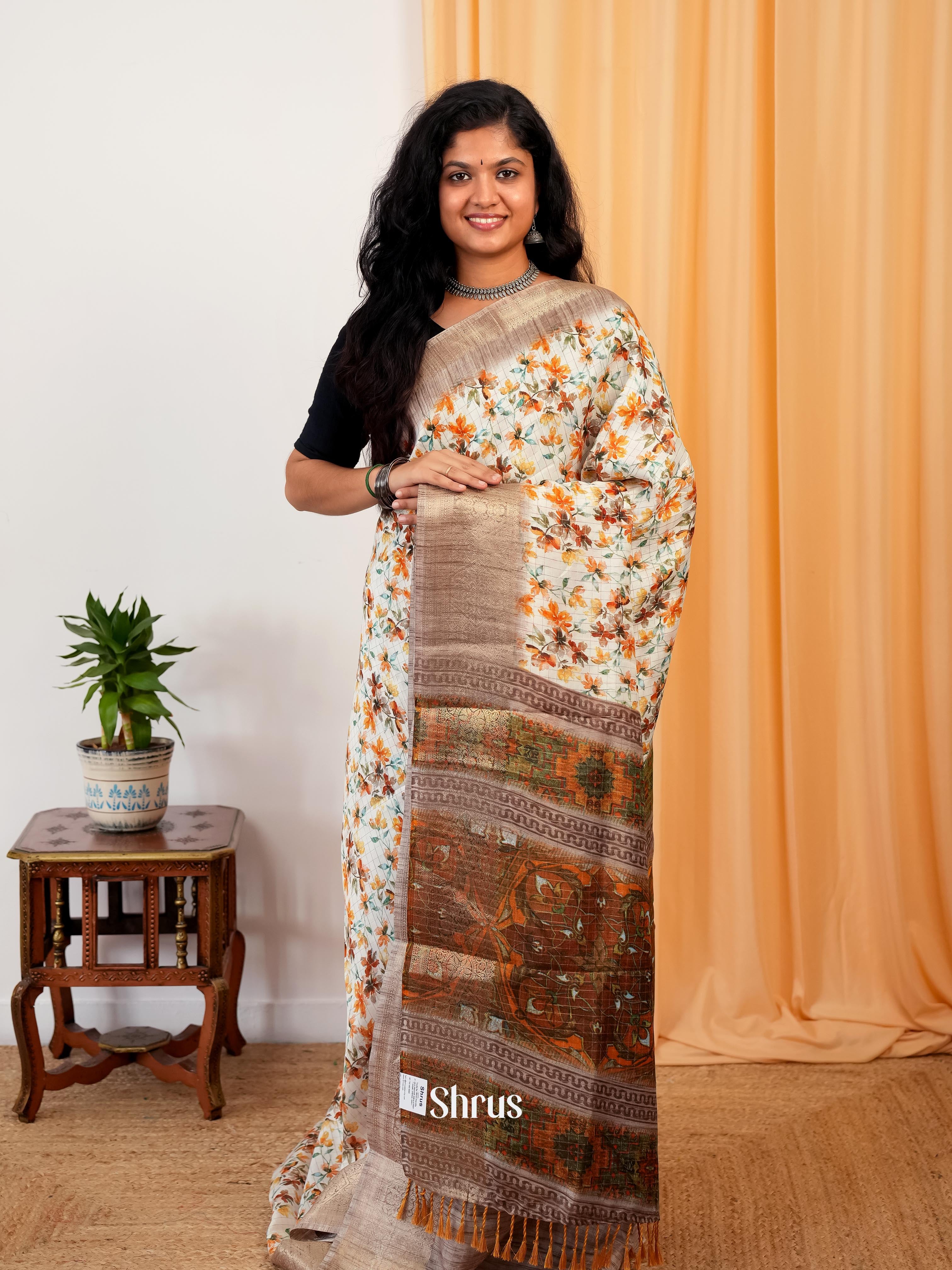 Cream & Brown - Semi Dola silk Saree