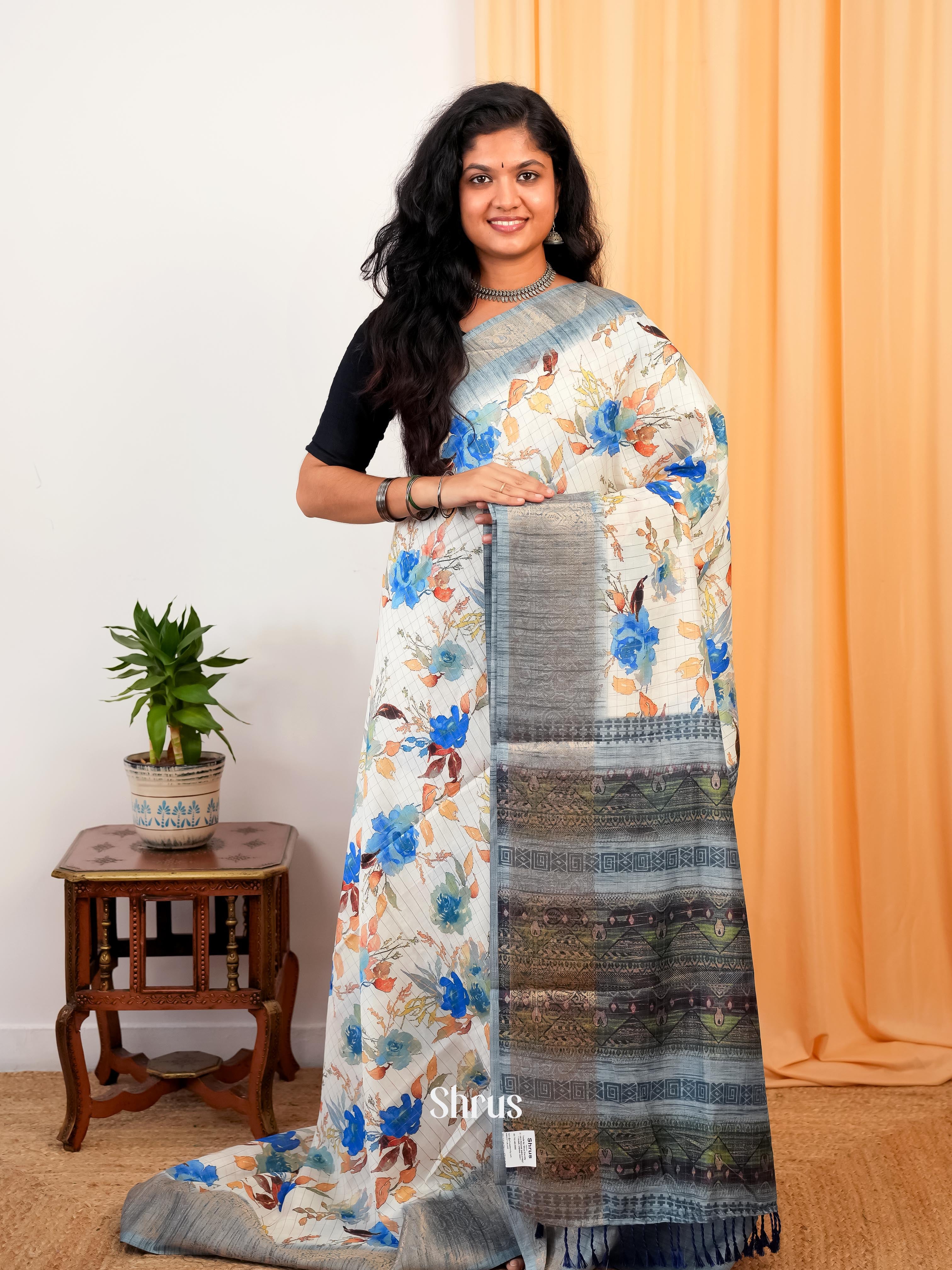 Cream & Grey - Semi Dola silk Saree