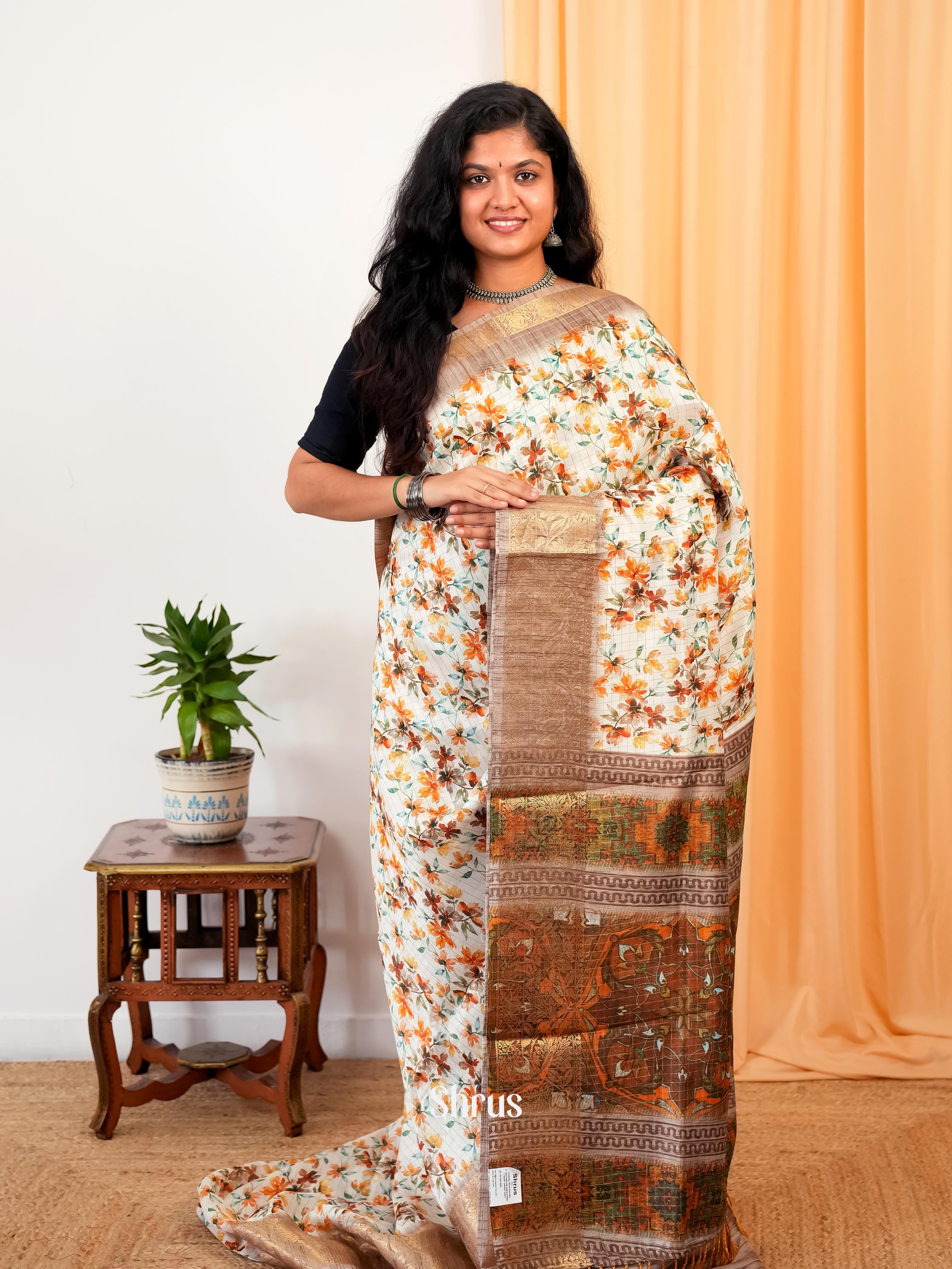 Cream & Brown - Semi Dola silk Saree