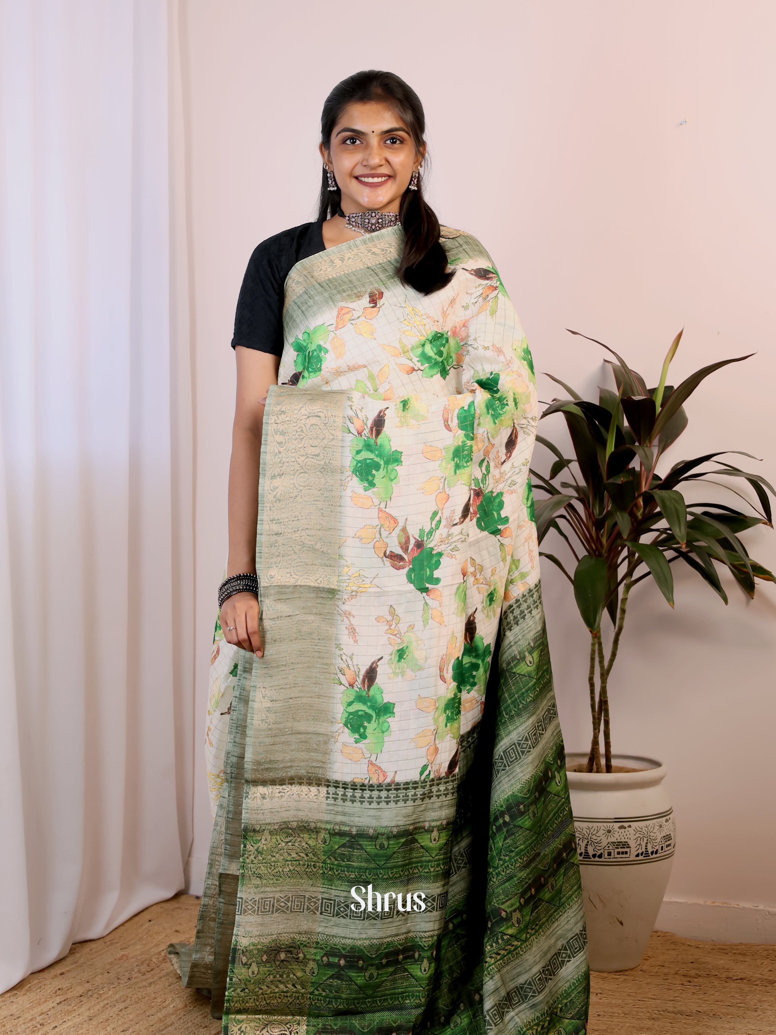 Cream & Green - Semi Dola silk Saree