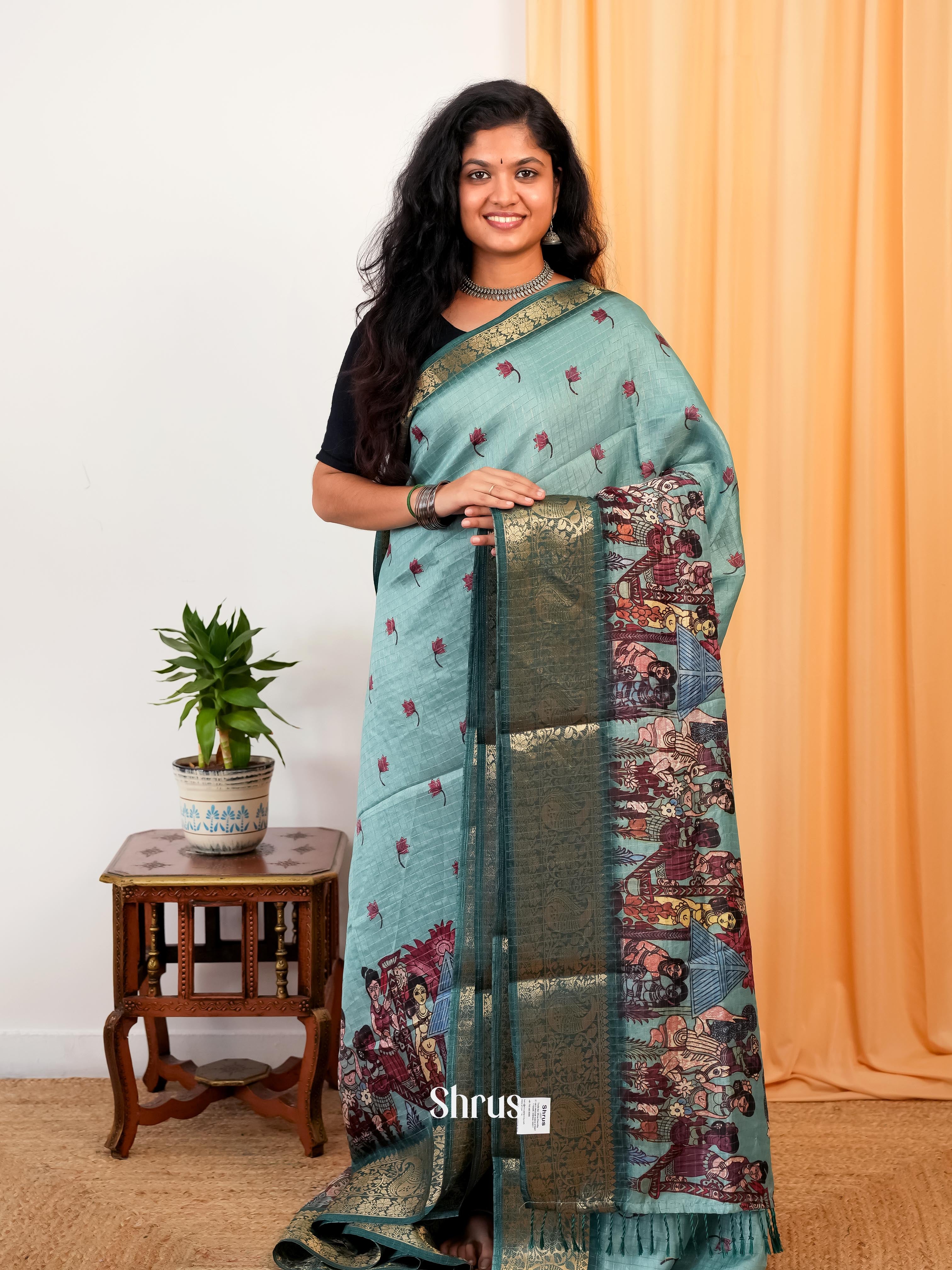 Pastel Green & Green - Semi Dola silk Saree