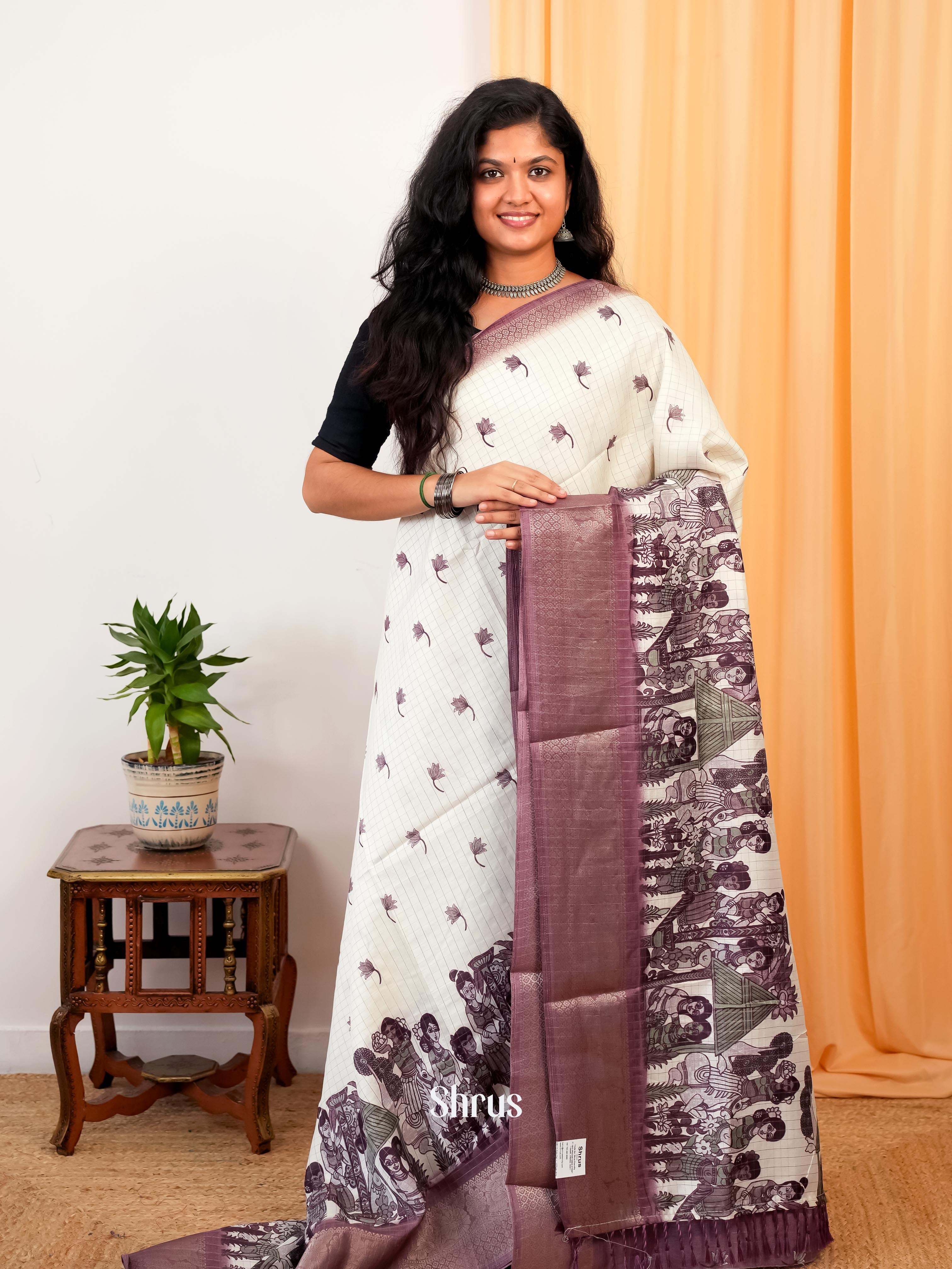 Cream &  Purple - Semi Dola silk Saree