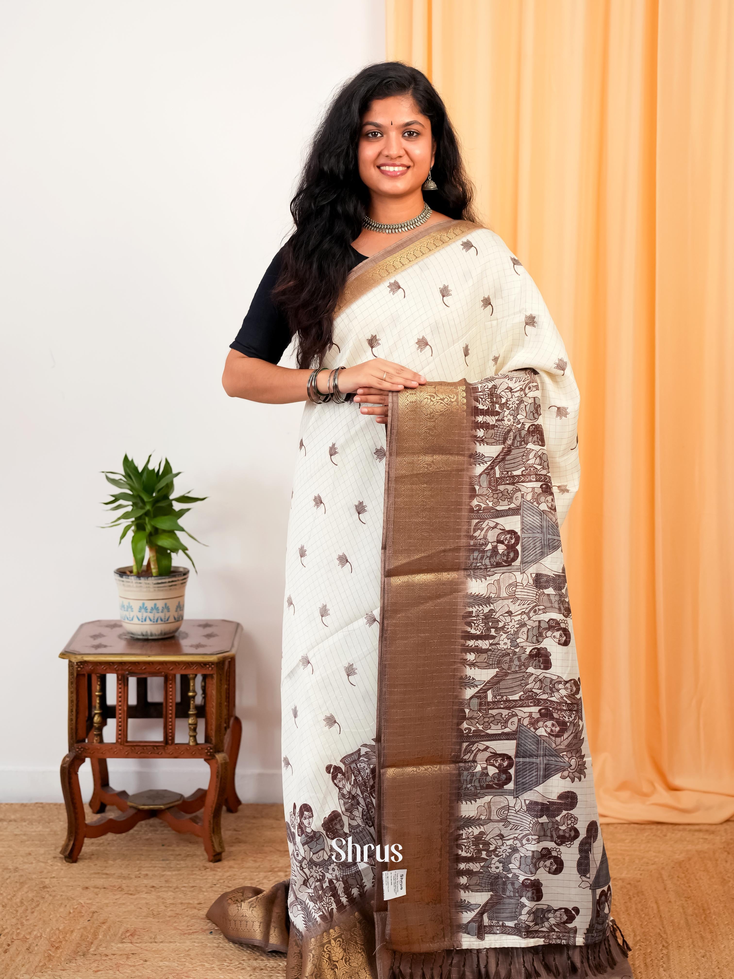 Cream & Grey - Semi Dola silk Saree