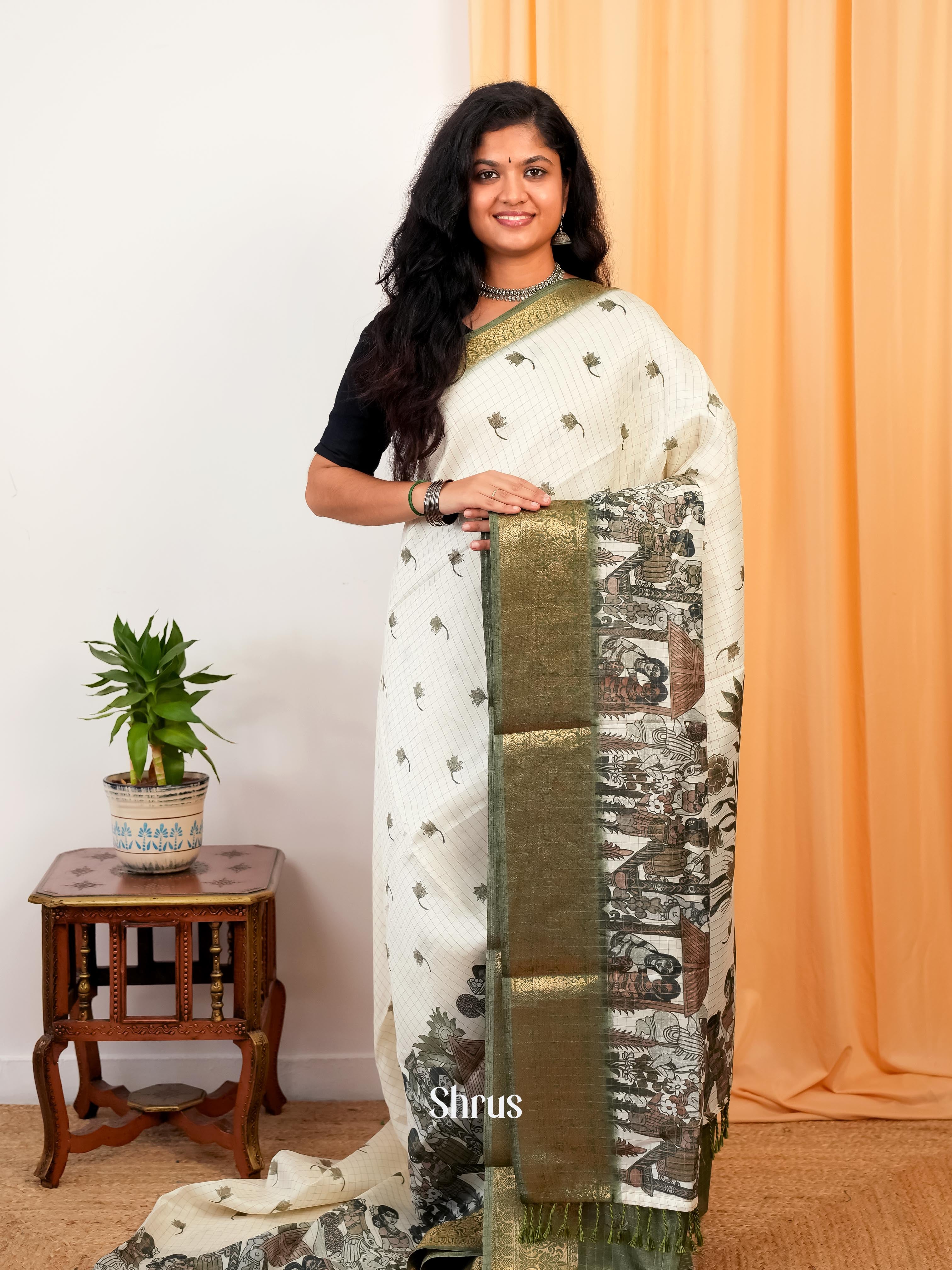 Cream & Green - Semi Dola silk Saree