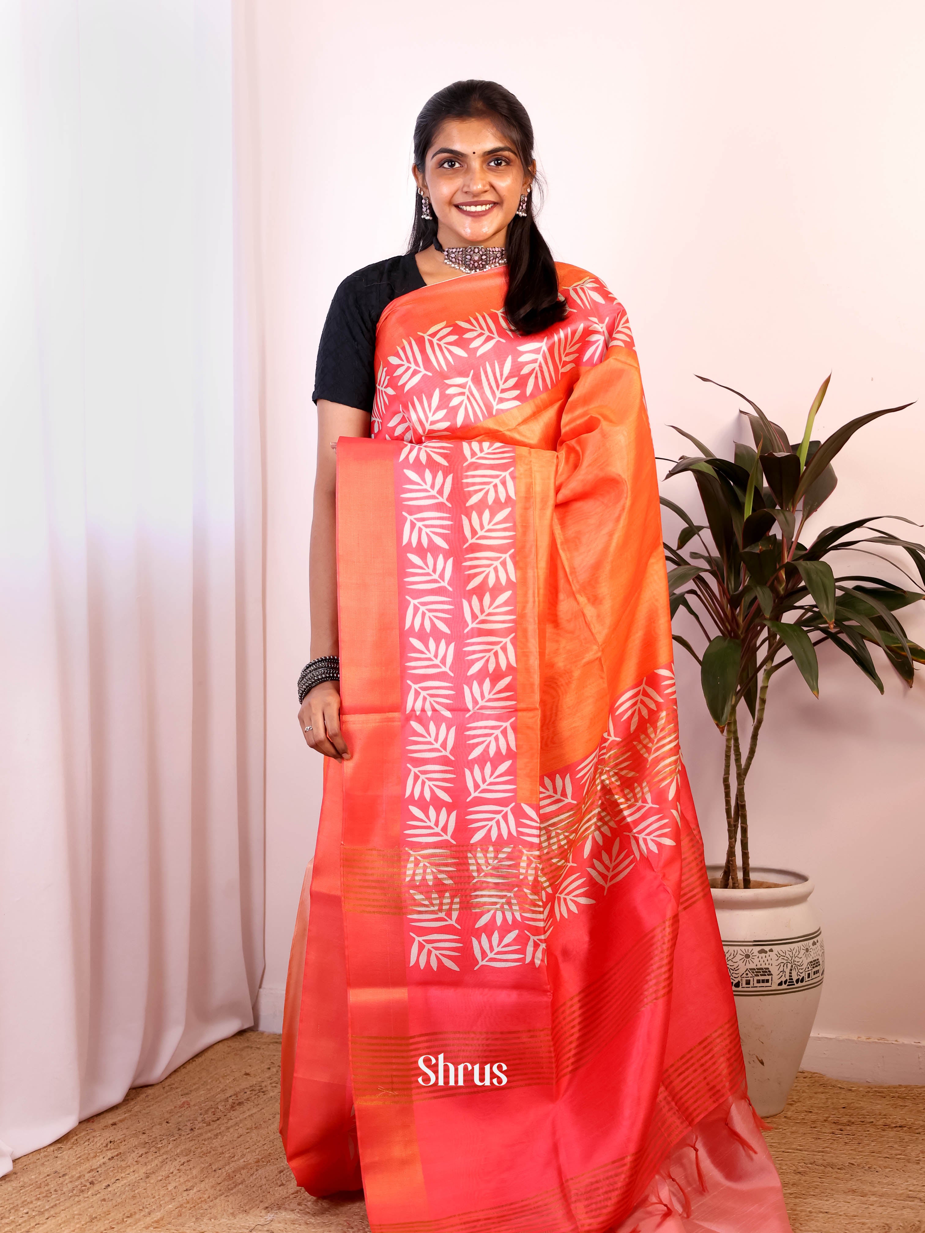 Orange & Red - Semi Jute Saree