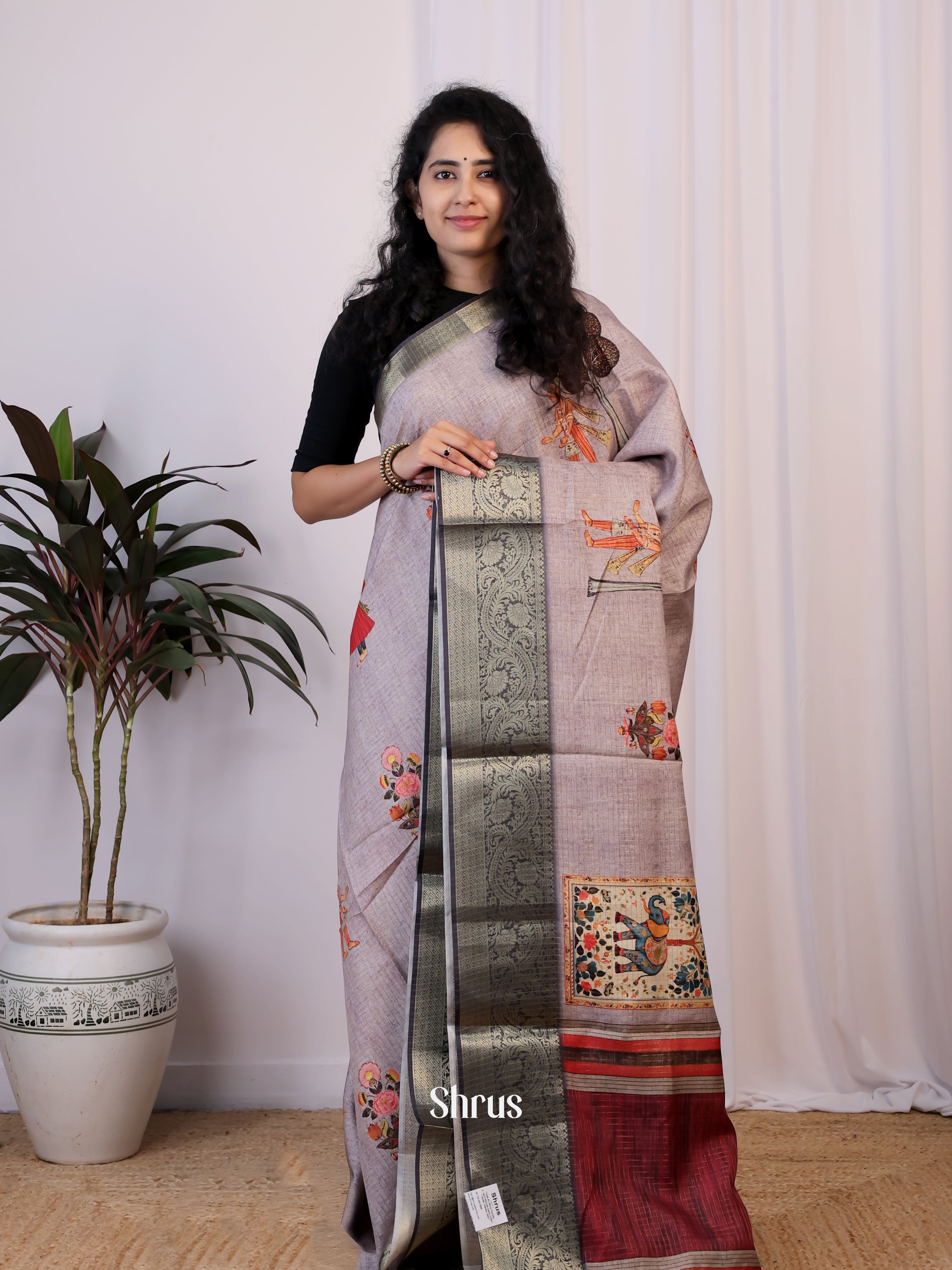 Lavender & Maroon - Printed Semi Tussar Saree