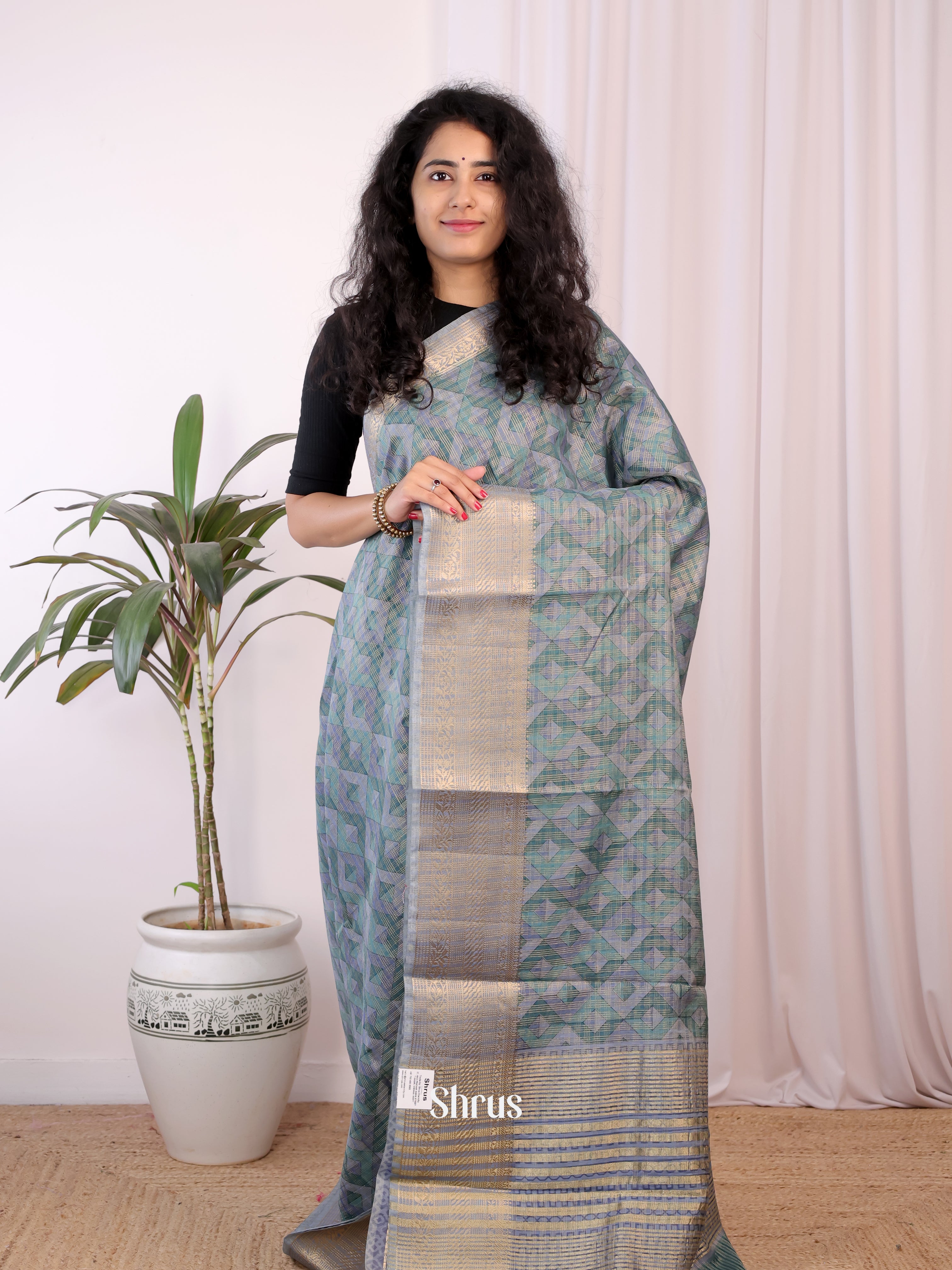 Green & Grey - Semi Chanderi Saree