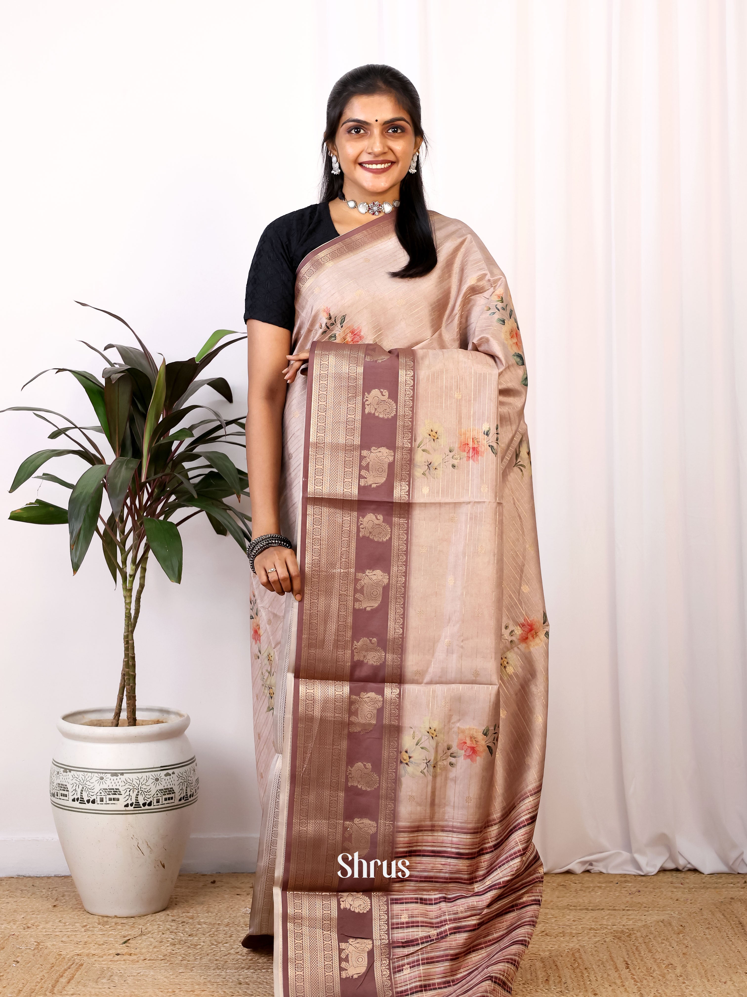 Lite Brown & Brown  - Printed Semi Tussar Saree