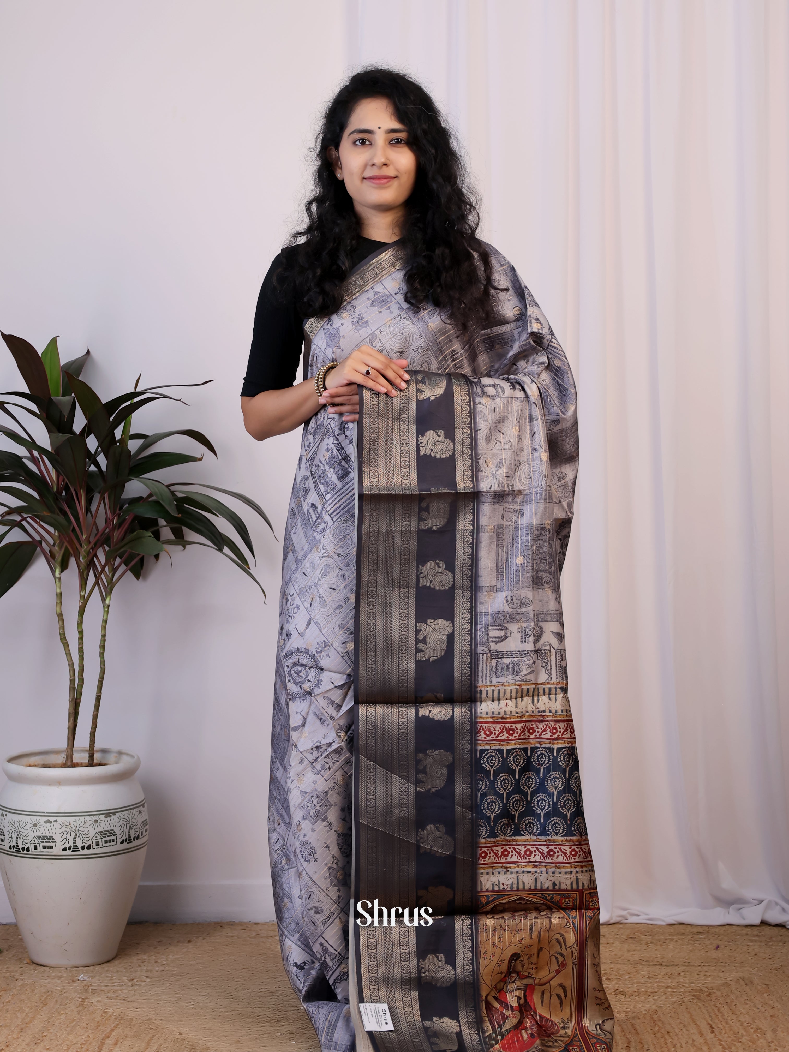 Lite Blue & Blue - Printed Semi Tussar Saree