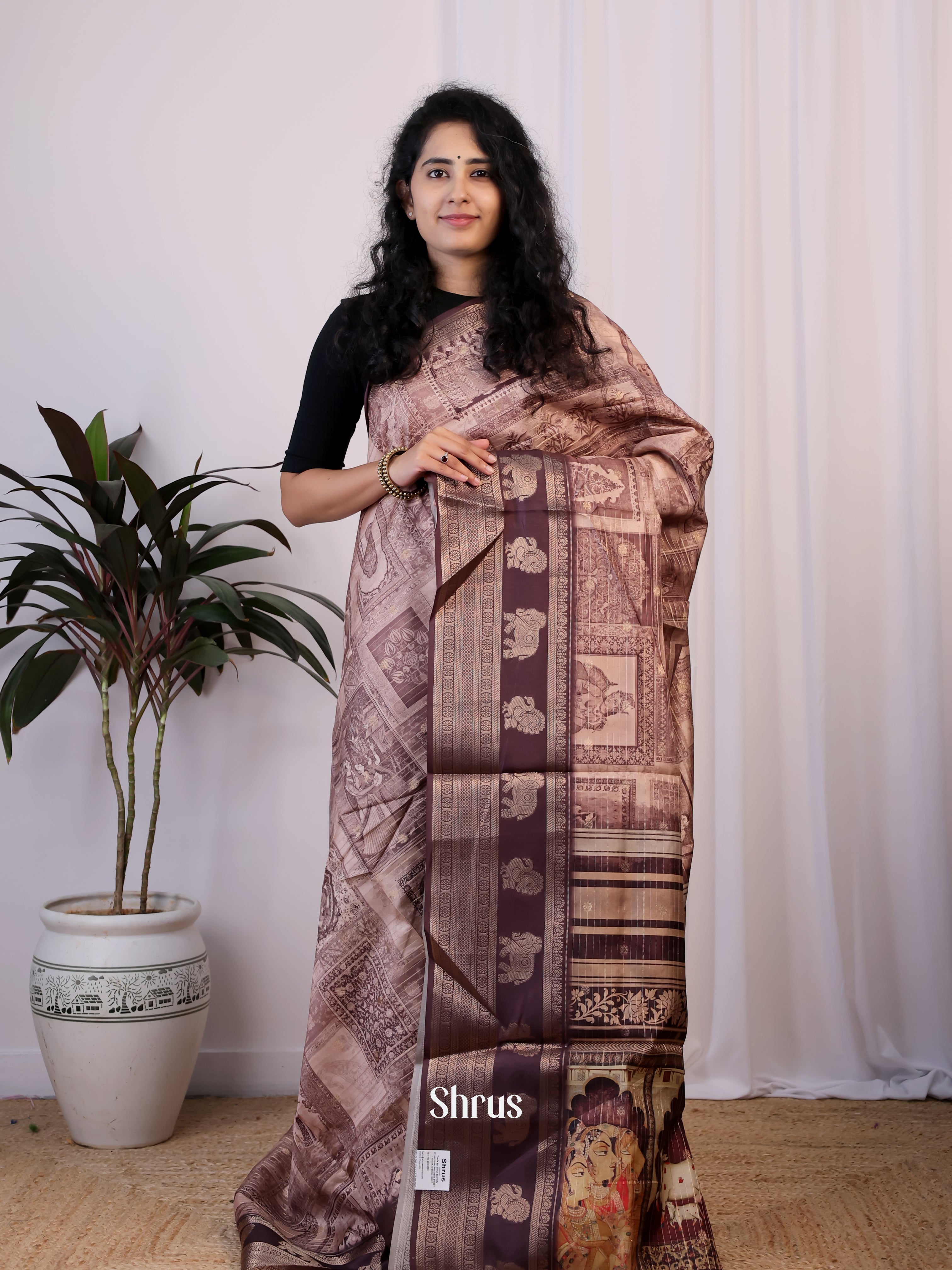 Dusty Brown & Brown - Printed Semi Tussar Saree