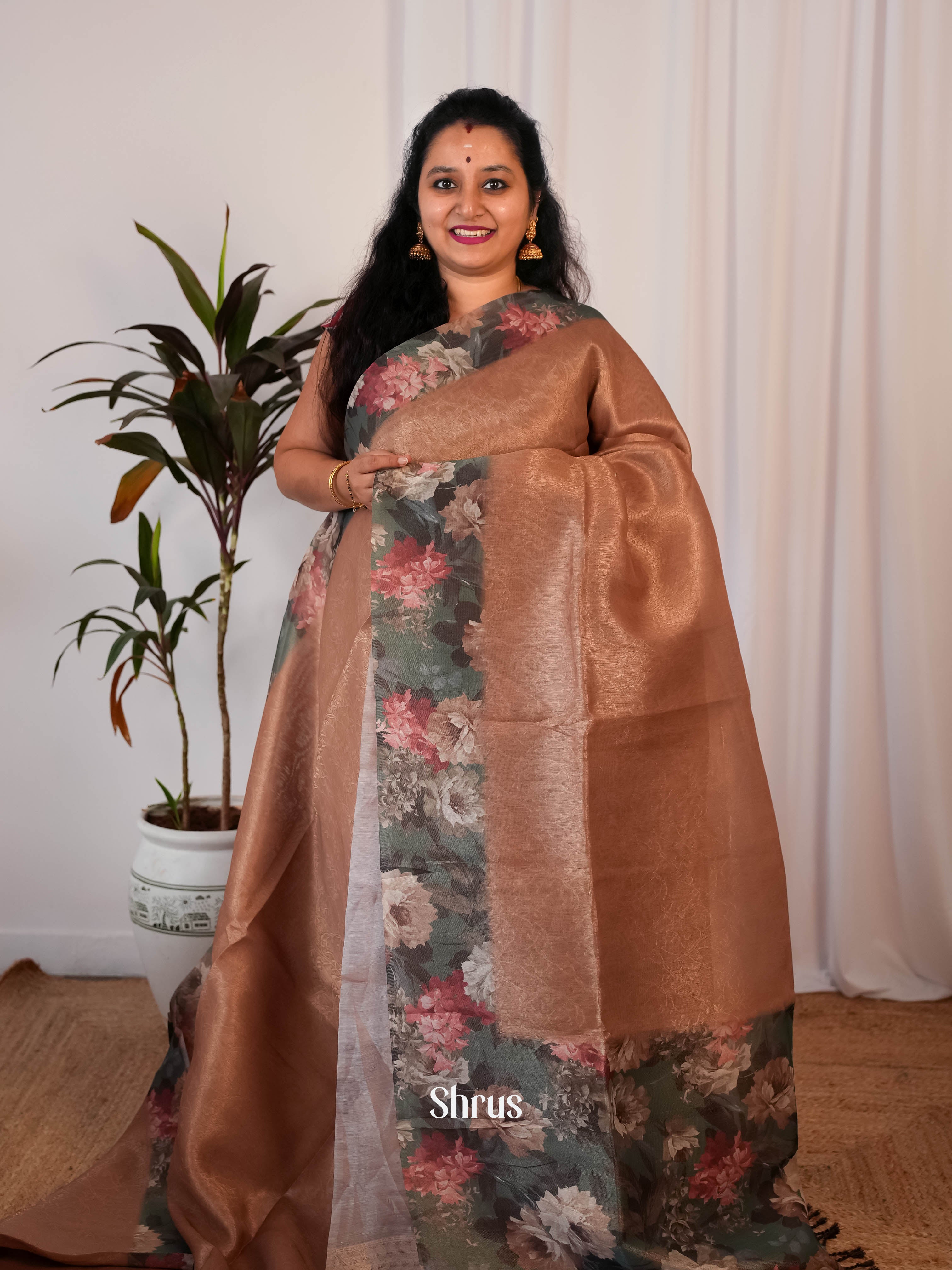 Brown & Green - Semi Jute Saree