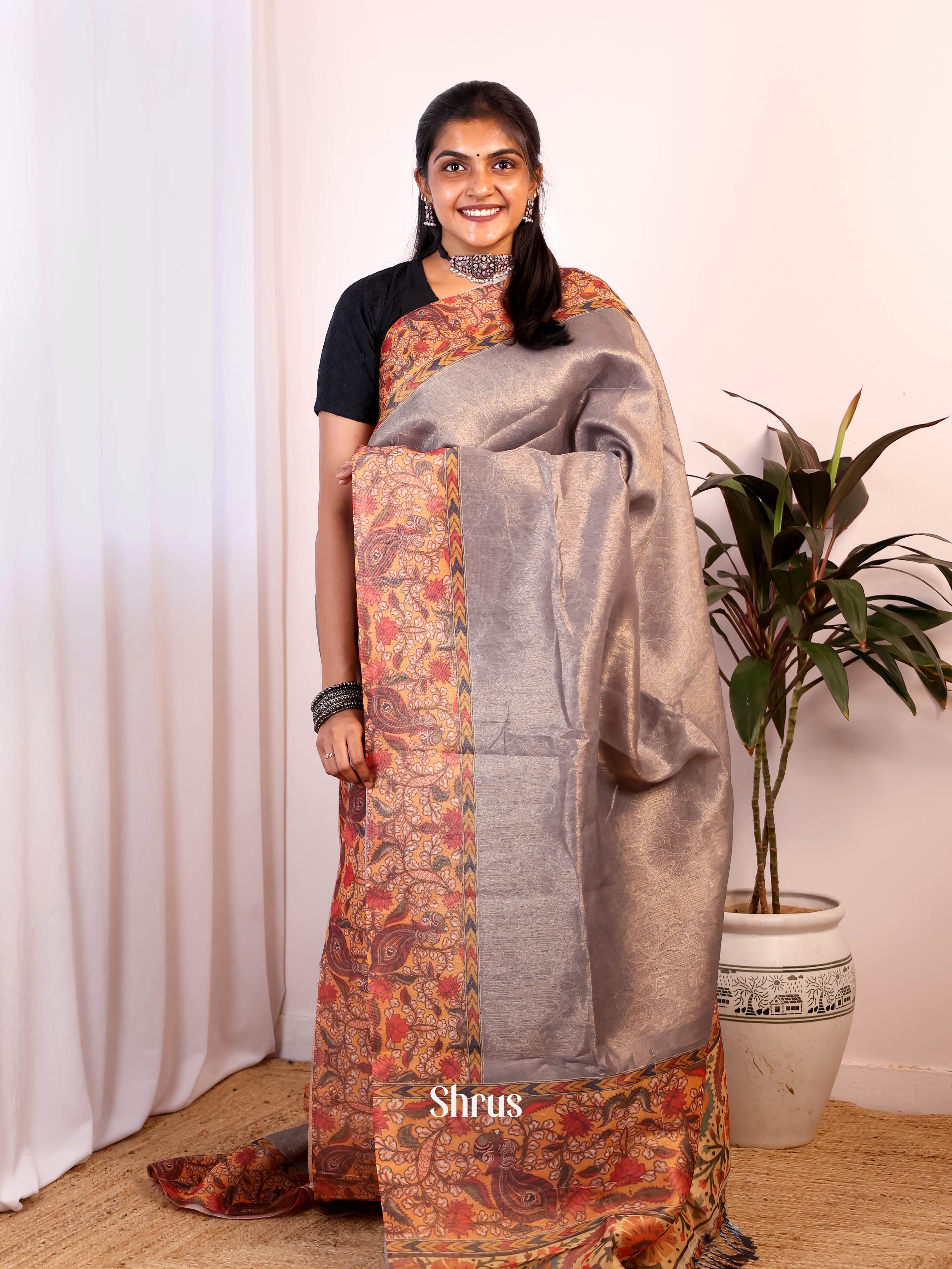 Grey & Orange - Semi Jute Saree